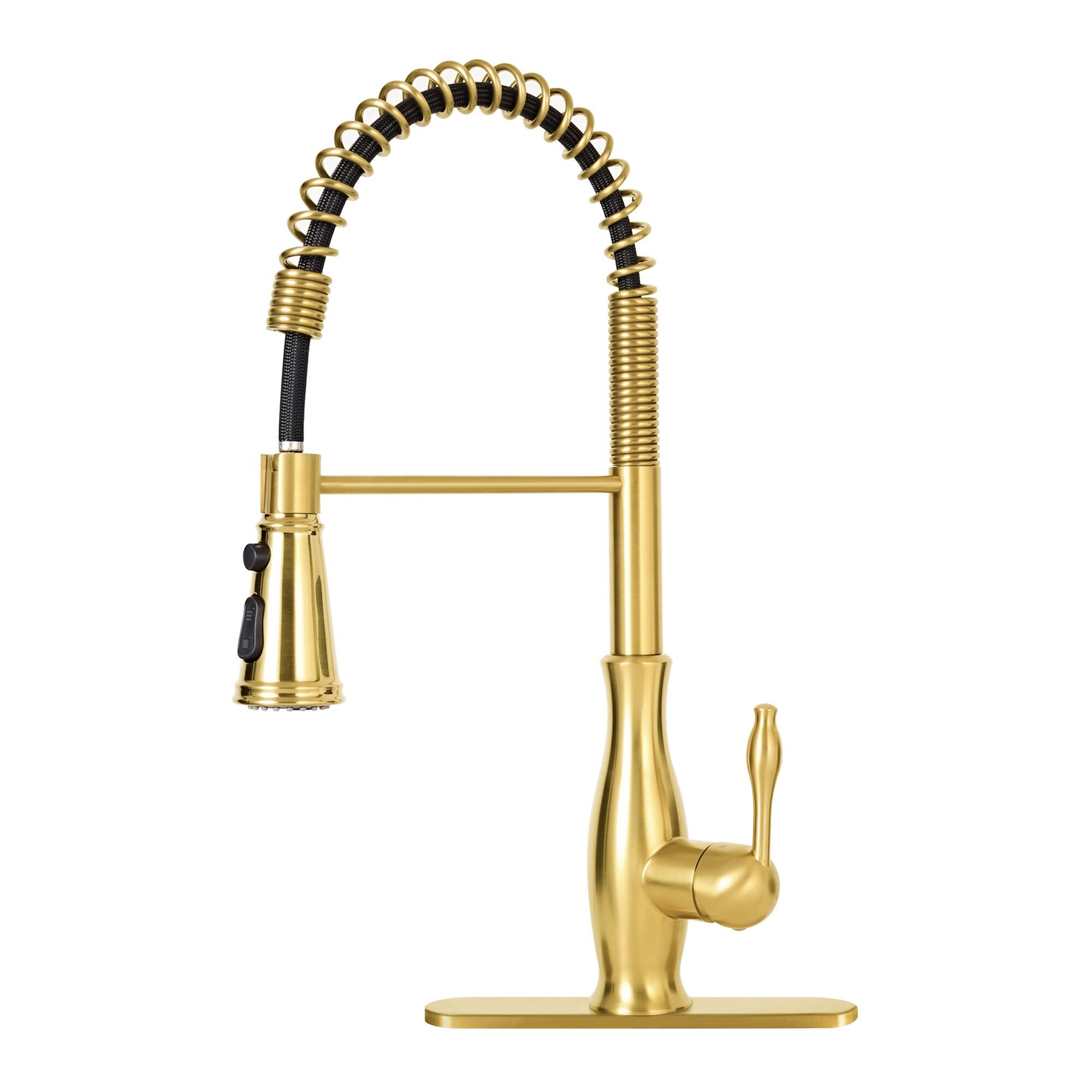 Front. Akicon - Akicon 3-Function Spring Single Handle Stainless Steel Kitchen Faucet with Pull Down Sprayer in Brushed Gold - Brushed Gold.
