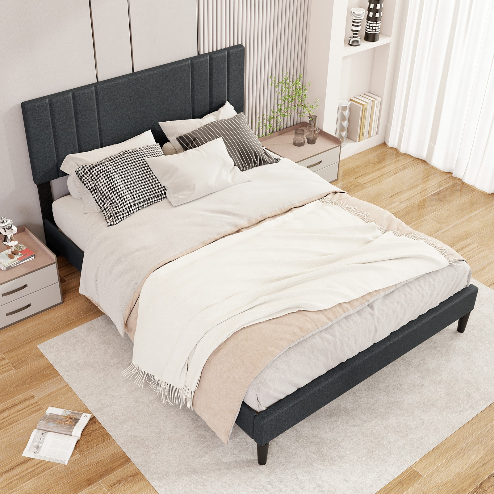 Gymax - Queen Size Bed Frame w/ Vertical Channel Tufted Headboard & Wooden Slats - Gray