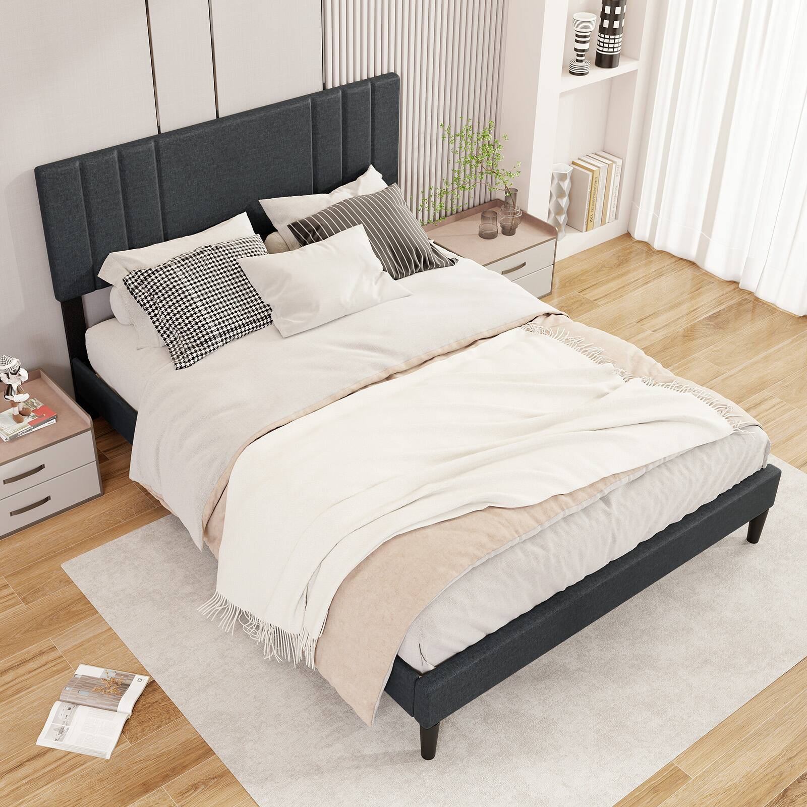 Gymax - Queen Size Bed Frame w/ Vertical Channel Tufted Headboard & Wooden Slats - Gray