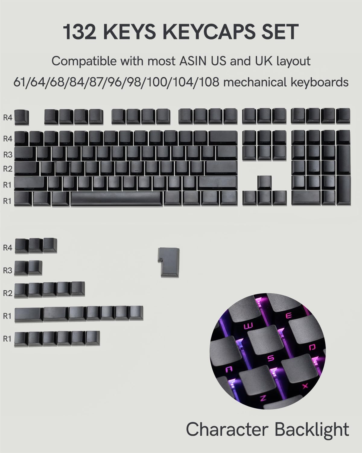 132 KEYS KEYCAPS SET  
Compatible with most ASIN US and UK layout  
61/64/68/84/87/96/98/100/104/108 mechanical keyboards  

R4  
R3  
R2  
R1  

Character Backlight