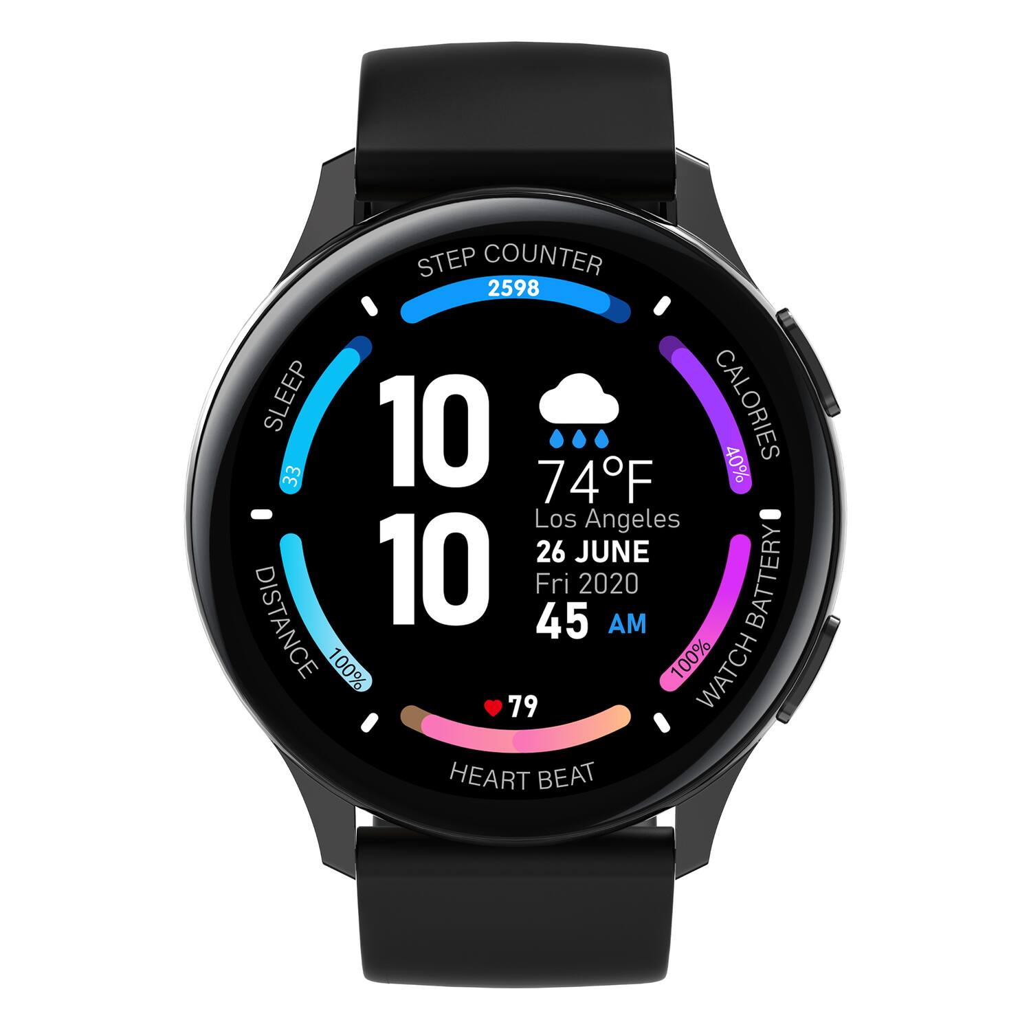 STEP COUNTER 2598  
SLEEP 10  
CALORIES 3  
DISTANCE 10  
Los Angeles  
26 JUNE  
Fri 2020  
45 AM  
74°F  
40%  
BATTERY 100%  
WATCH 100%  
HEART BEAT 79