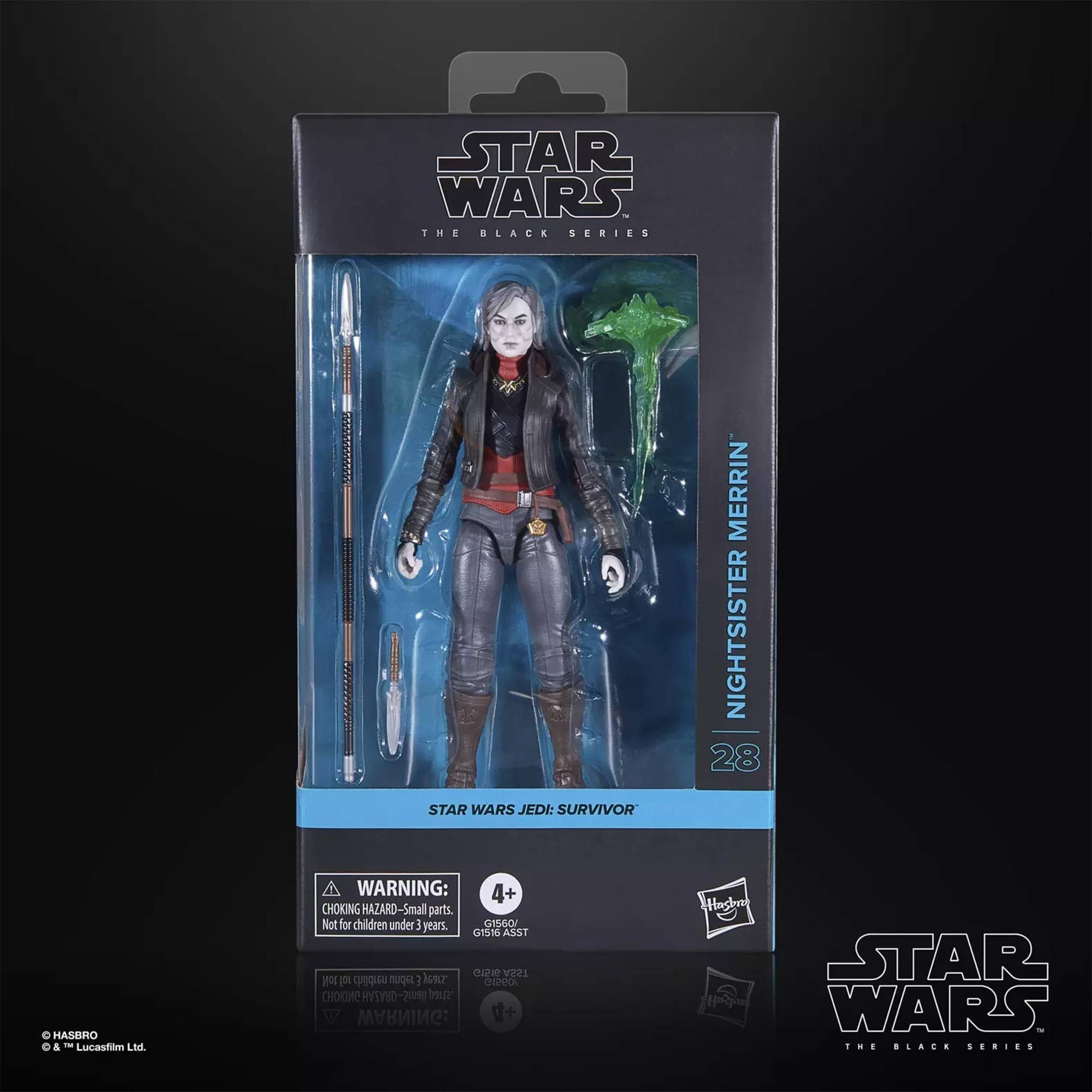 STAR WARS THE BLACK SERIES | STAR WARS JEDI: SURVIVOR MERRIN NIGHTSISTER 28 HASBRO & TH Lucasfilm Ltd. WARNING: 4+ CHOKING HAZARD-Small parts. Not for children under 3 years. GISGO/ G151 ASST Ou2Ie ASST toil a emblib sapan E BZ 10820 HOIC HY1YYO-20 boue WARNING: + Hushrg STAR WARS ... BLACE .....