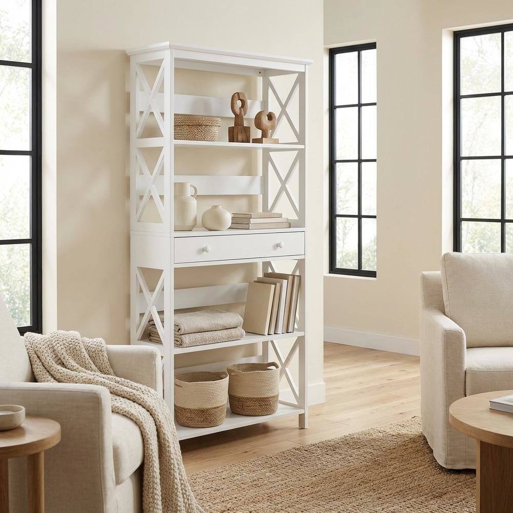 Alt View 2. FurniFact - Wooden 5-Tier Bookcase with Drawer for Storage and Organization - White.