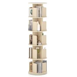 Pefilos - 5-Tier Rotating Bookshelf - 360° Display Anti-Fall, Dividers Durable Frame, Natural - Brown