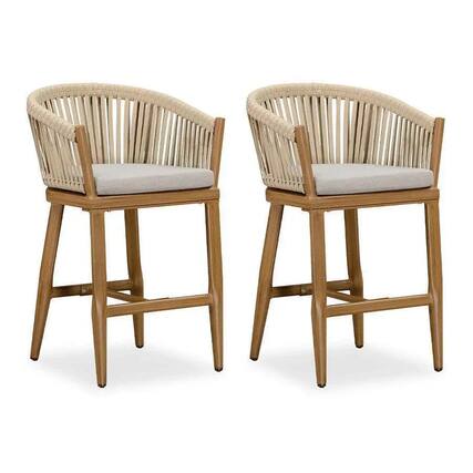 Front. PURPLE LEAF - Outdoor Counter Height Bar Stools Set of 2 Rattan Wicker Bar Chairs Woven Aluminum Barstools with Back and Cushions - Teak-Counter Stool.