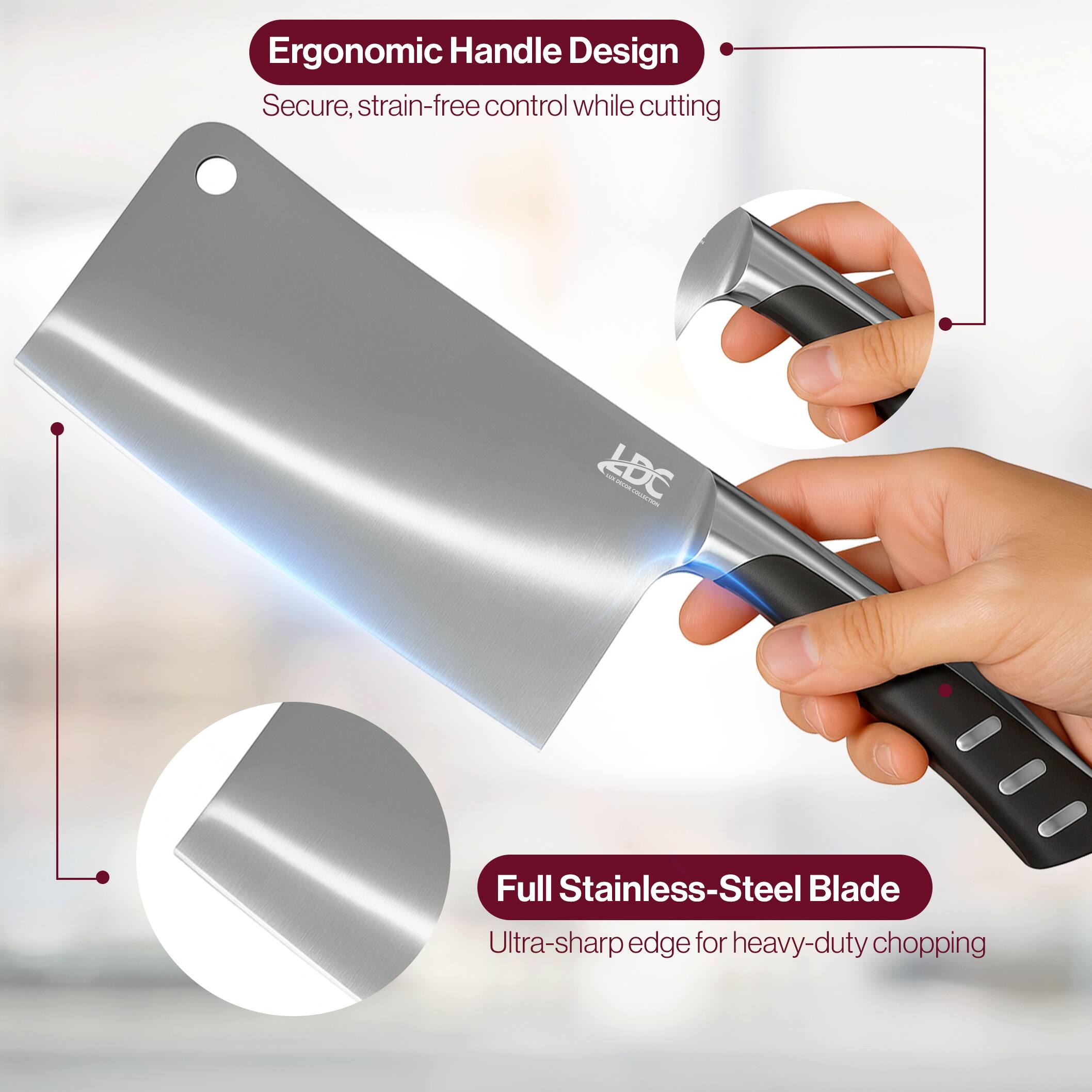 Ergonomic Handle Design  
Secure, strain-free control while cutting  

Full Stainless-Steel Blade  
Ultra-sharp edge for heavy-duty chopping