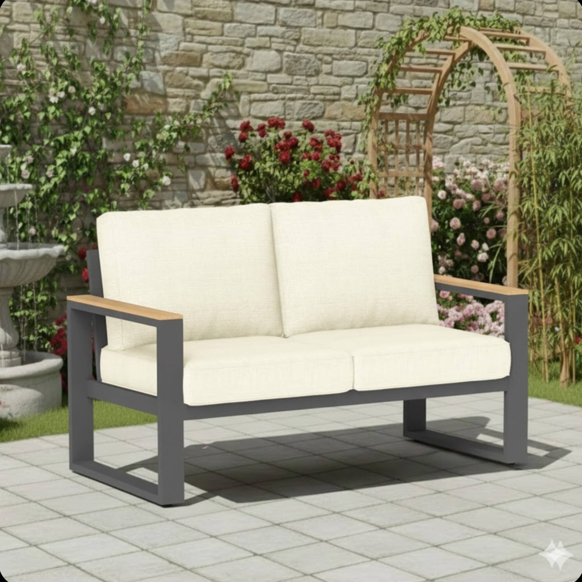 Angle. Mondawe - 52" All-Weather Aluminum Patio Loveseat Sofa with Thick Beige Cushions - Beige+Black.
