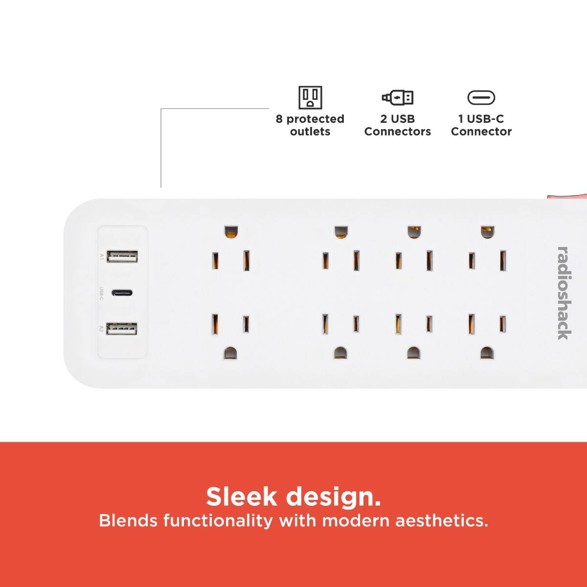 8 protected outlets  
2 USB Connectors  
1 USB-C Connector  

Sleek design.  
Blends functionality with modern aesthetics.
