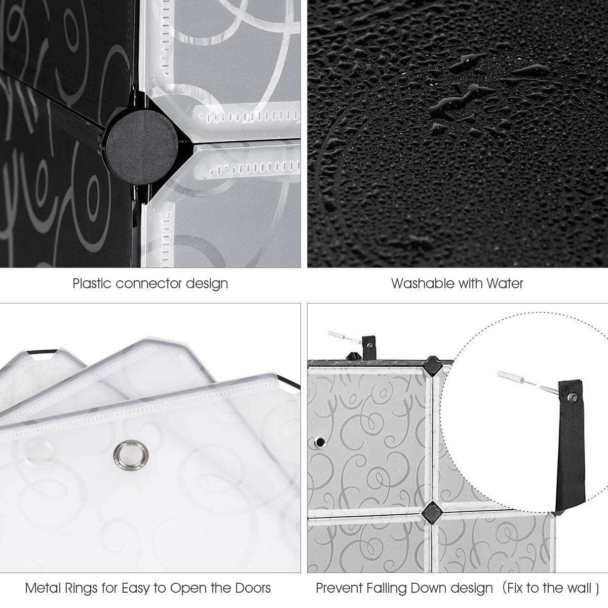 - Plastic connector design
- Washable with Water
- Metal Rings for Easy to Open the Doors
- Prevent Falling Down design (Fix to the wall)