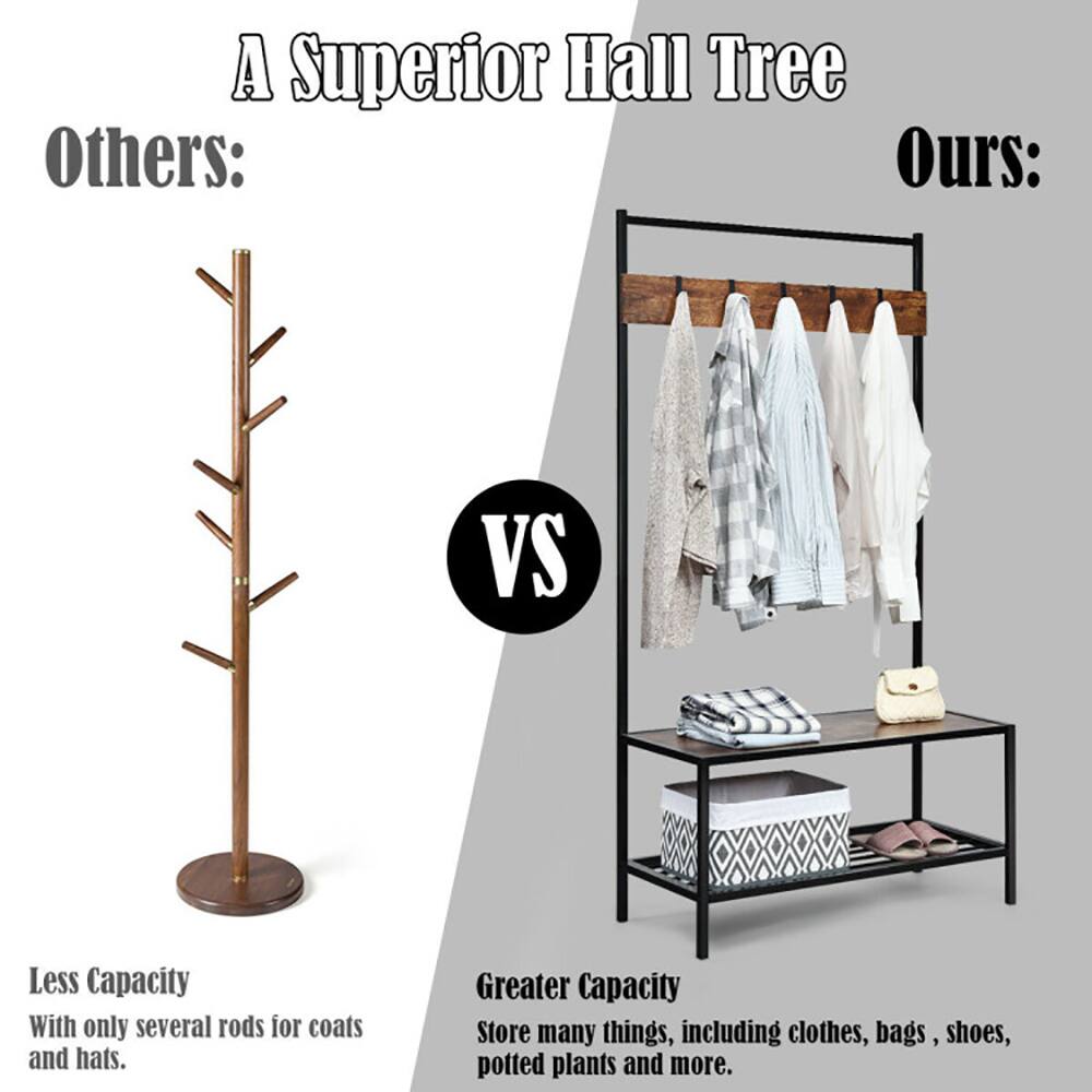 A Superior Hall Tree

Others:
Less Capacity
With only several rods for coats and hats.

Ours:
Greater Capacity
Store many things, including clothes, bags, shoes, potted plants and more.