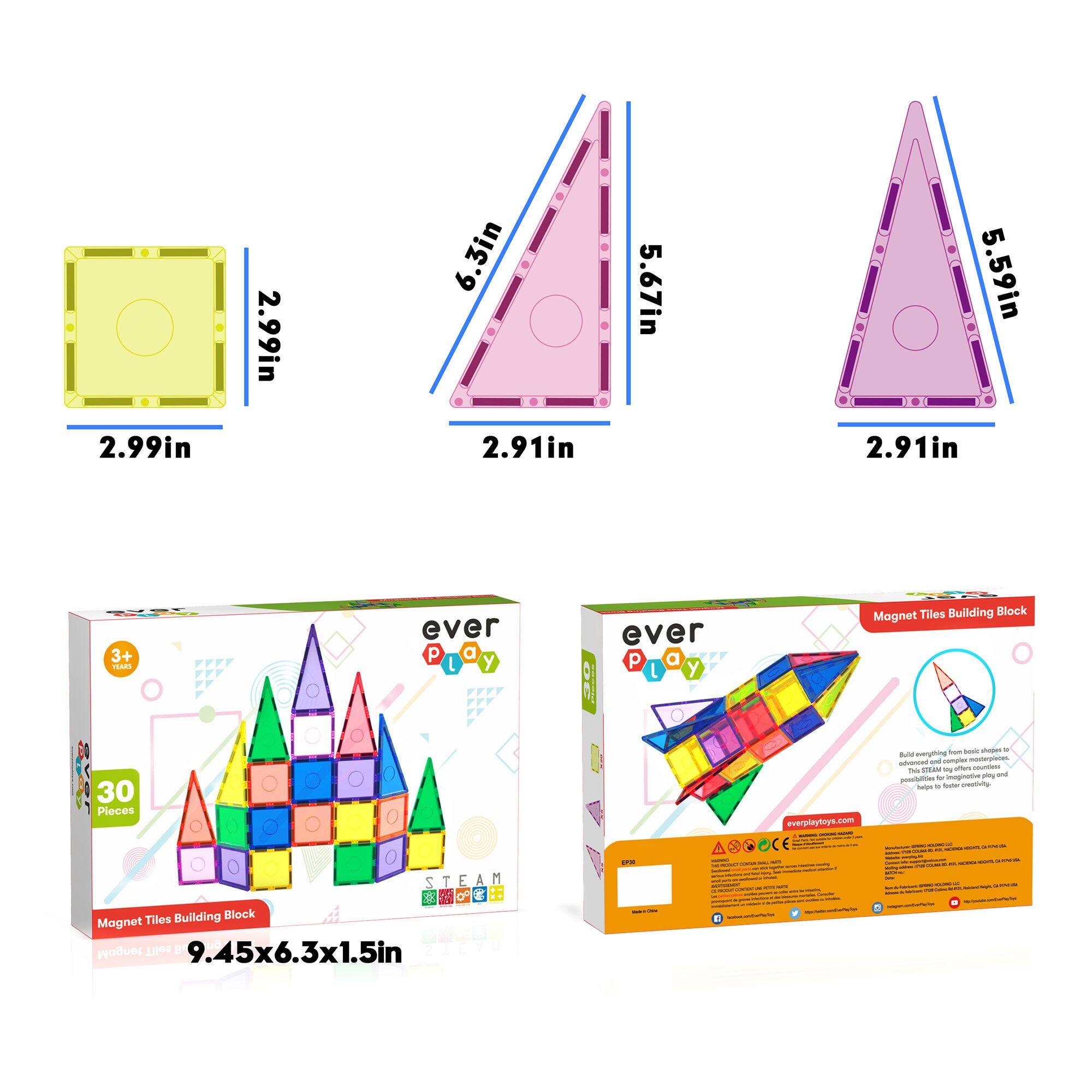 2.99in, 2.99in, 6.3in, 2.91in, 5.67in, 5.59in, 2.91in, 3+ TIARI ever 30 Pleces ever P a L y ever P a 0 L y M Tiles Building Block Mognet - - - Bto wting - -  -e onan - ue - Te Hge a -  - na - - -g everpltyllys.com om : I - STEAM T E A  M O Tiles Building Block Magnet Magnet sollT B 9.45x6.3x1.5in -- - I -