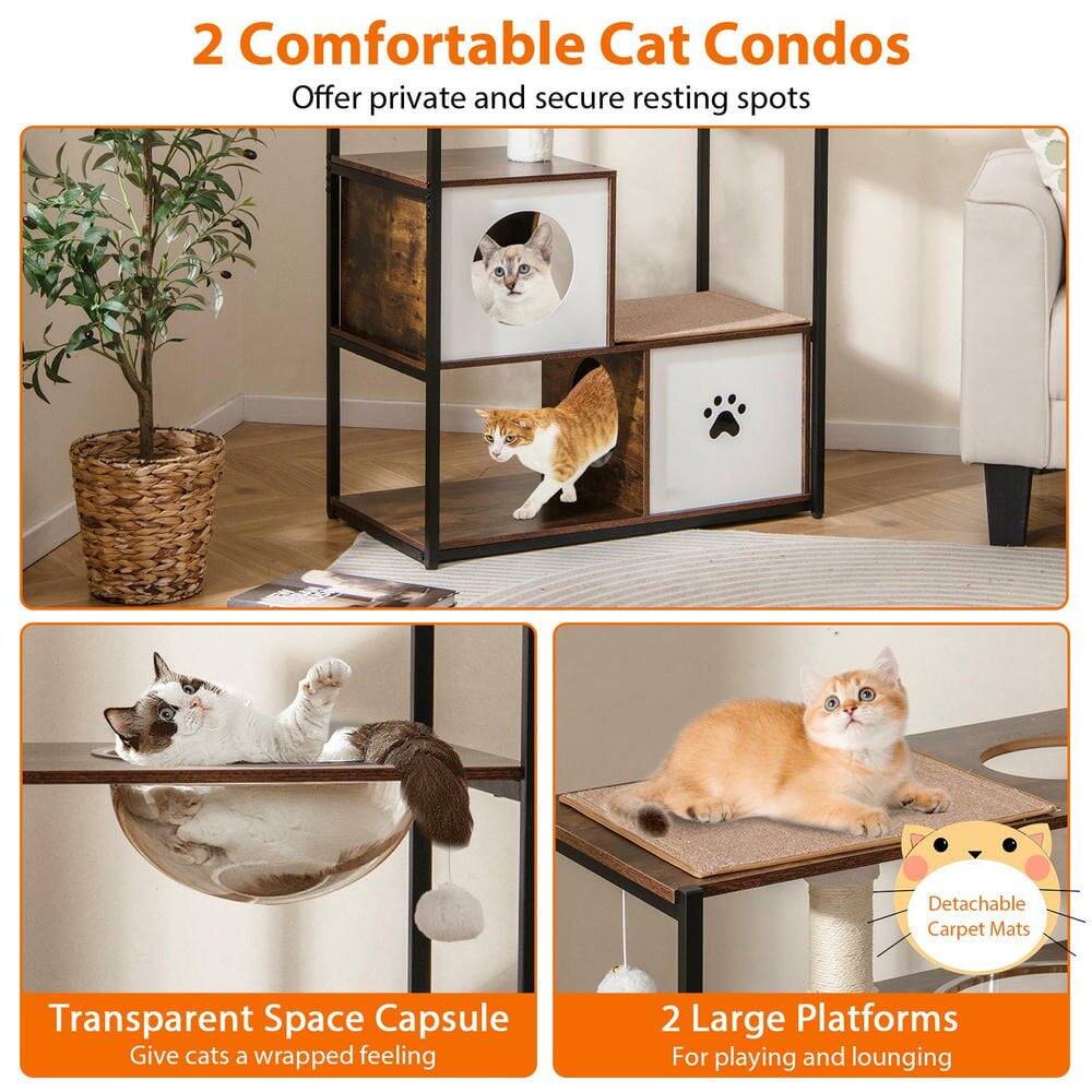 2 Comfortable Cat Condos  
Offer private and secure resting spots  

Transparent Space Capsule  
Give cats a wrapped feeling  

2 Large Platforms  
For playing and lounging  

Detachable Carpet Mats