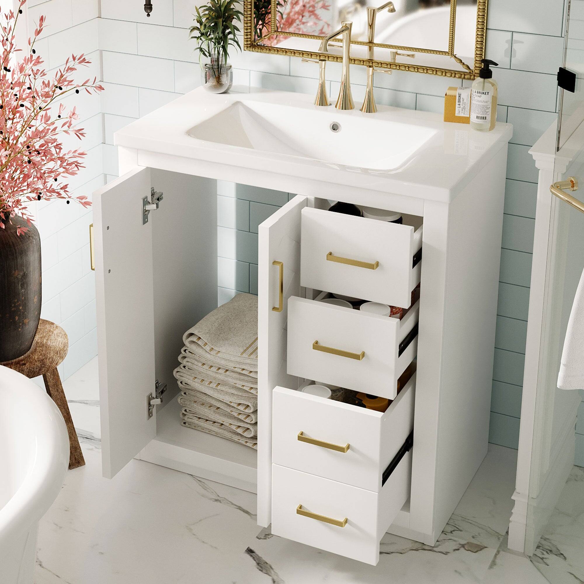 Alt View 2. Boyel Living - 30 Inch Bathroom Vanity White with Ceramic Sink Solid Wood Frame 3 Drawers - White.