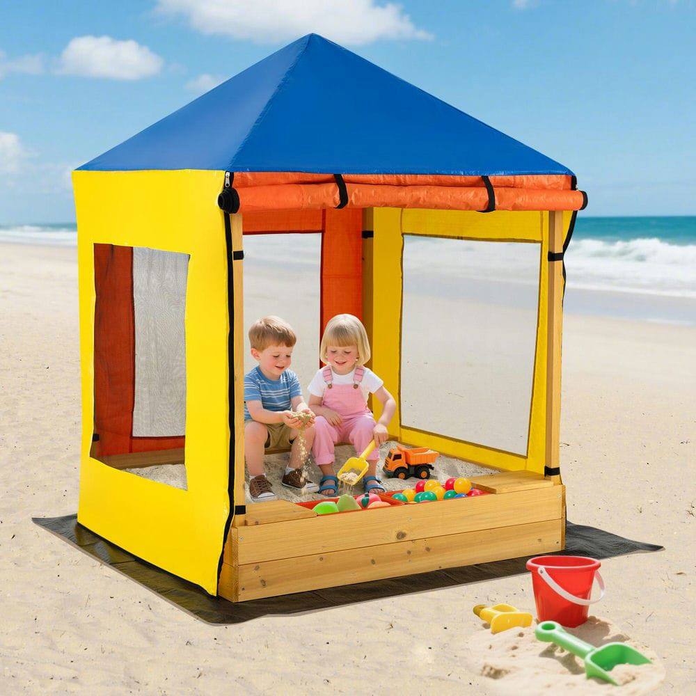Alt View 3. Resenkos - Kids Wooden Sandbox with Canopy, Mesh Windows & Bottom Liner - Large Sand Pit for Outdoor Fun - Multicolor.
