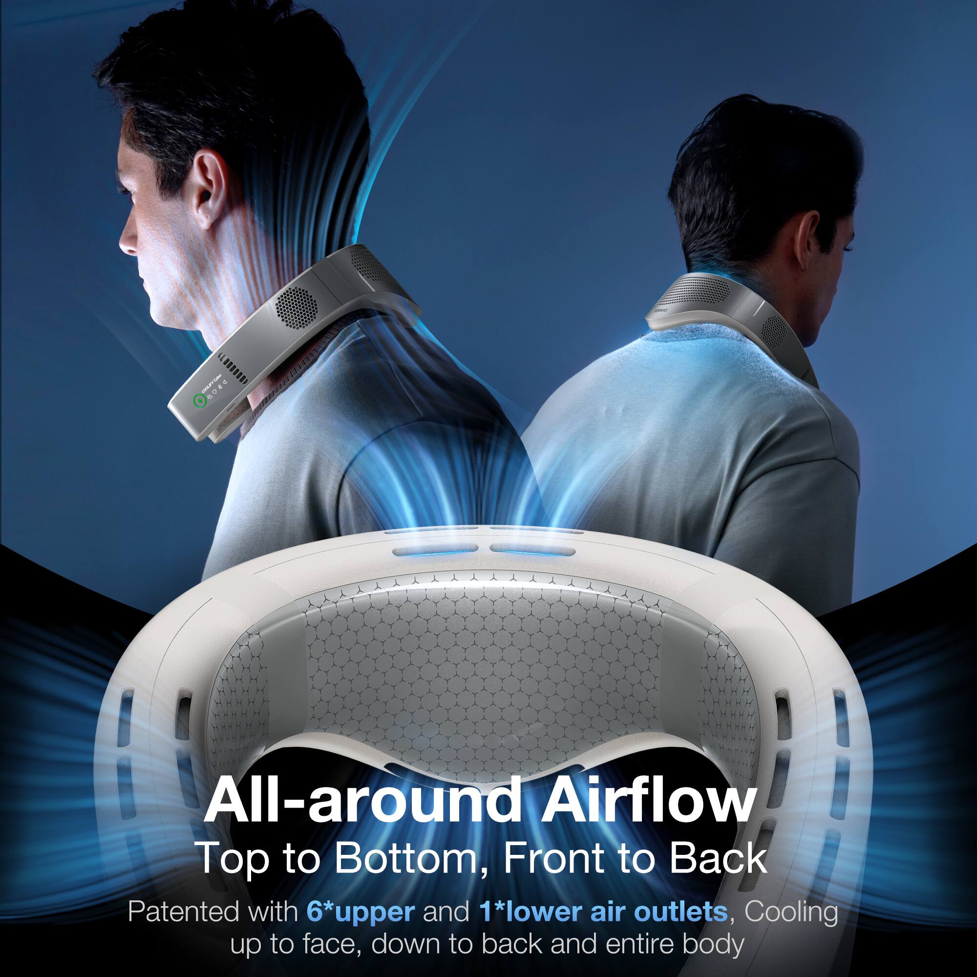 The text on the image reads: "All-around Airflow Top to Bottom, Front to Back Patented with 6*upper and 1*lower air outlets, Cooling up to face, down to back and entire body."