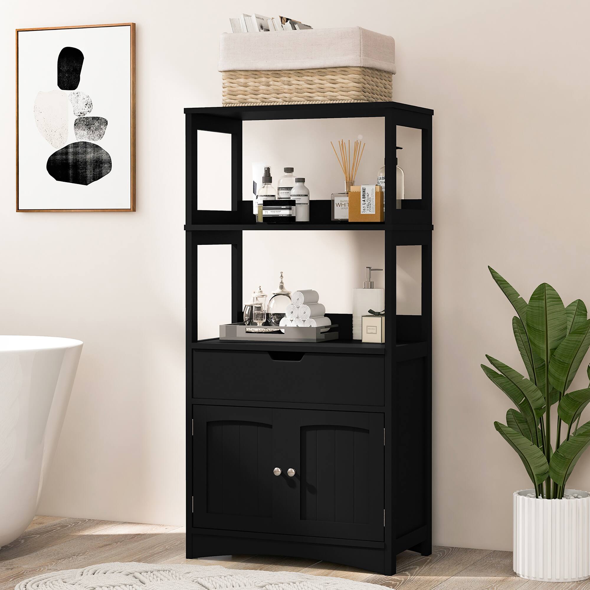 Alt View 2. Gymax - Gymax Bathroom Storage Cabinet w/Drawer Shelf Cupboard Floor Cabinet Black - Black.