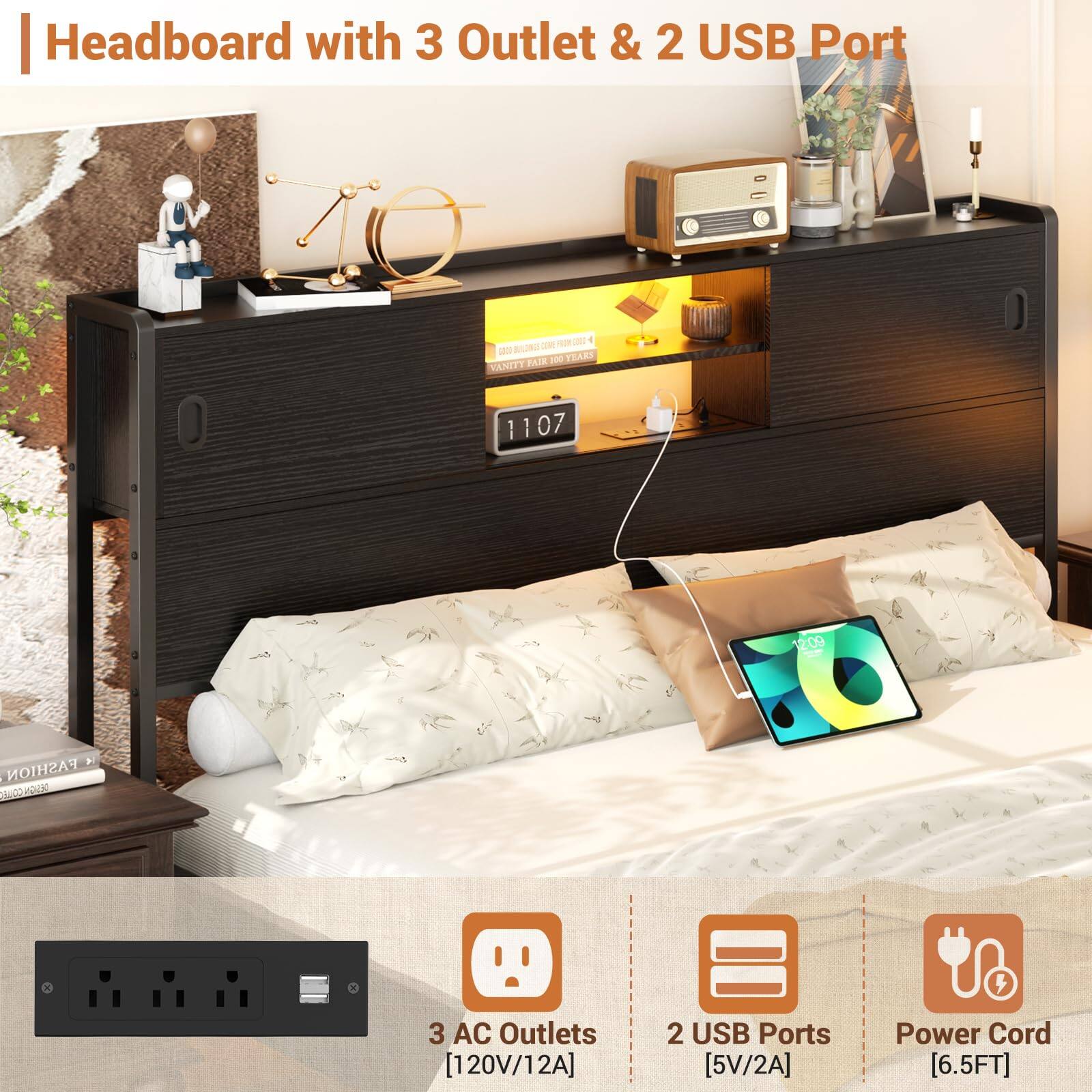 Headboard with 3 Outlet & 2 USB Port

- 3 AC Outlets [120V/12A]
- 2 USB Ports [5V/2A]
- Power Cord [6.5FT]