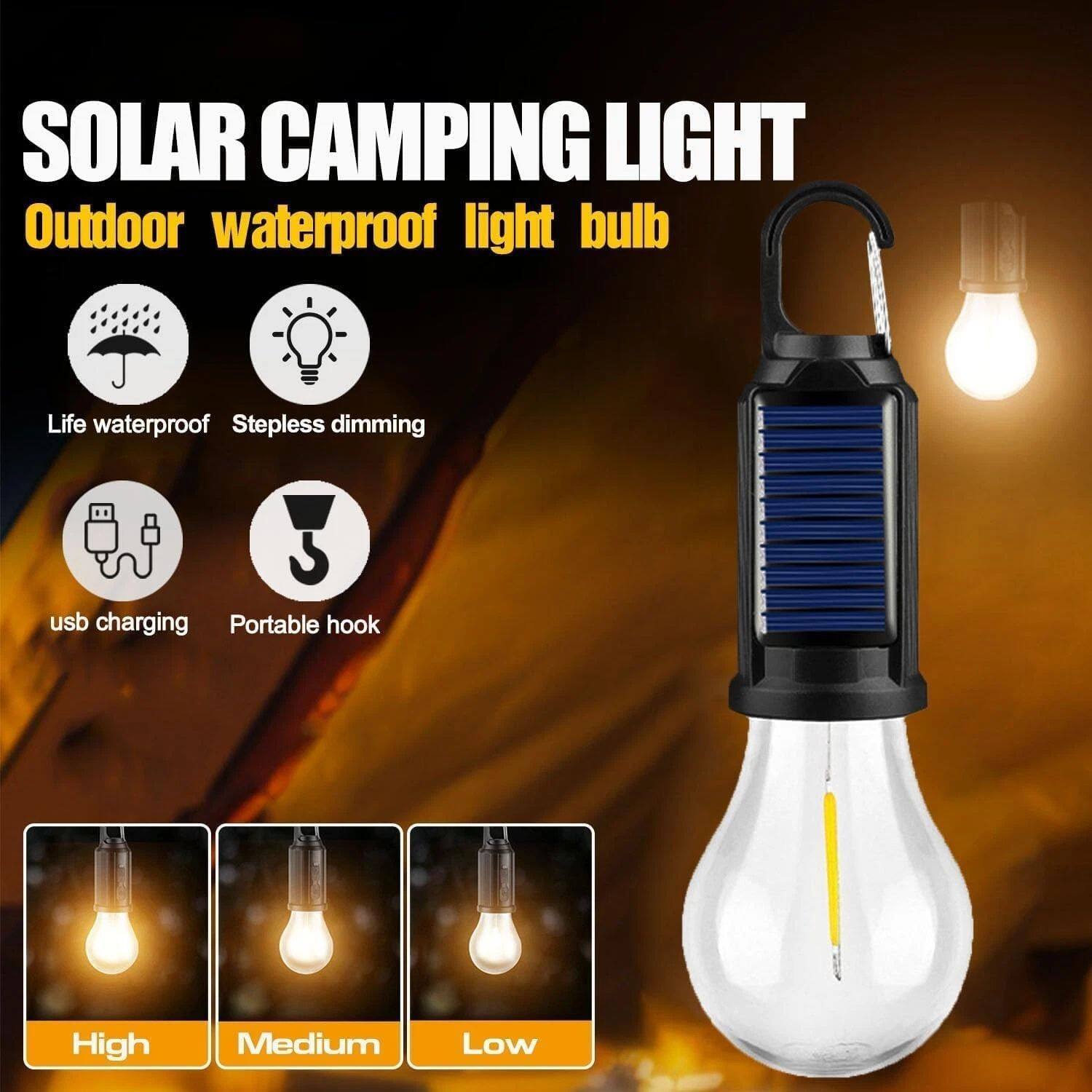SOLAR CAMPING LIGHT  
Outdoor waterproof light bulb  

- Life waterproof  
- Stepless dimming  
- USB charging  
- Portable hook  

High  
Medium  
Low