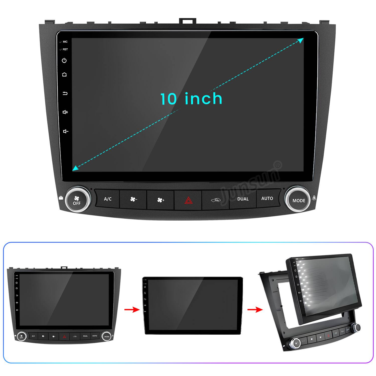 - V
- U
- 10 inch
- OFF A/C
- Junsum DUAL AUTO MODE