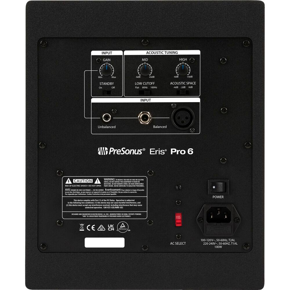 INPUT ACOUSTIC TUNING GAIN MID HIGH  
MIX  
STANDBY On Off  
LOW CUTOFF Flat  
ACOUSTIC SPACE  
INPUT Unbalanced Balanced  
PreSonus Eris Pro 6  

WARNING:  
CAUTION  

AC SELECT  
100-120V- 50-60Hz  
220-240V- 50-60Hz  
100W