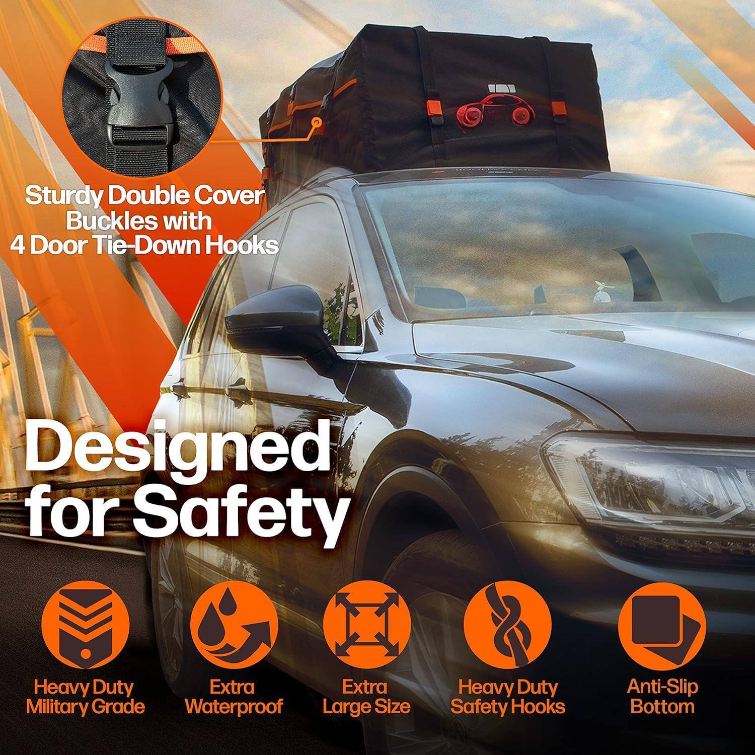 Sturdy Double Cover Buckles with 4 Door Tie-Down Hooks

Designed for Safety

- Heavy Duty Military Grade
- Extra Waterproof
- Extra Large Size
- Heavy Duty Safety Hooks
- Anti-Slip Bottom