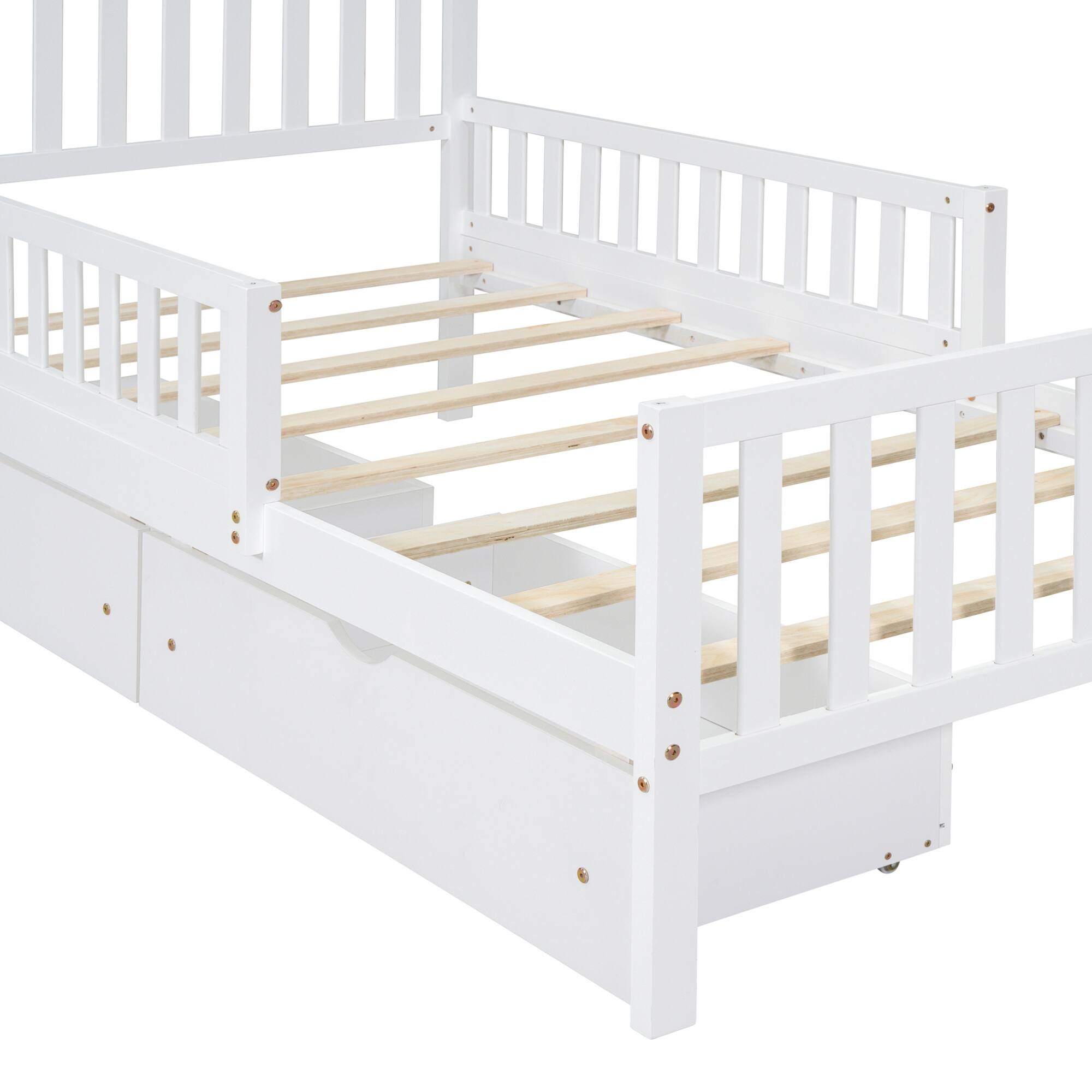 Alt View 4. GOODSILO - Twin Size Wood Platform Bed with Dual Guardrails and Underbed Storage Drawers for Enhanced Safety and Organization - White.