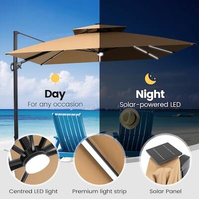 Day: For any occasion  
Night: Solar-powered LED  
Centred LED light  
Premium light strip  
Solar Panel