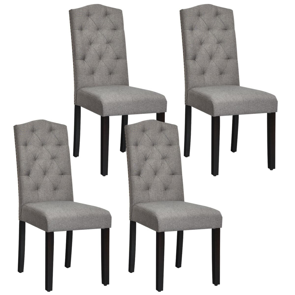 Gymax - Set of 4 Tufted Dining Chair Upholstered w/ Nailhead Trim & Rubber Wooden Legs - Gray