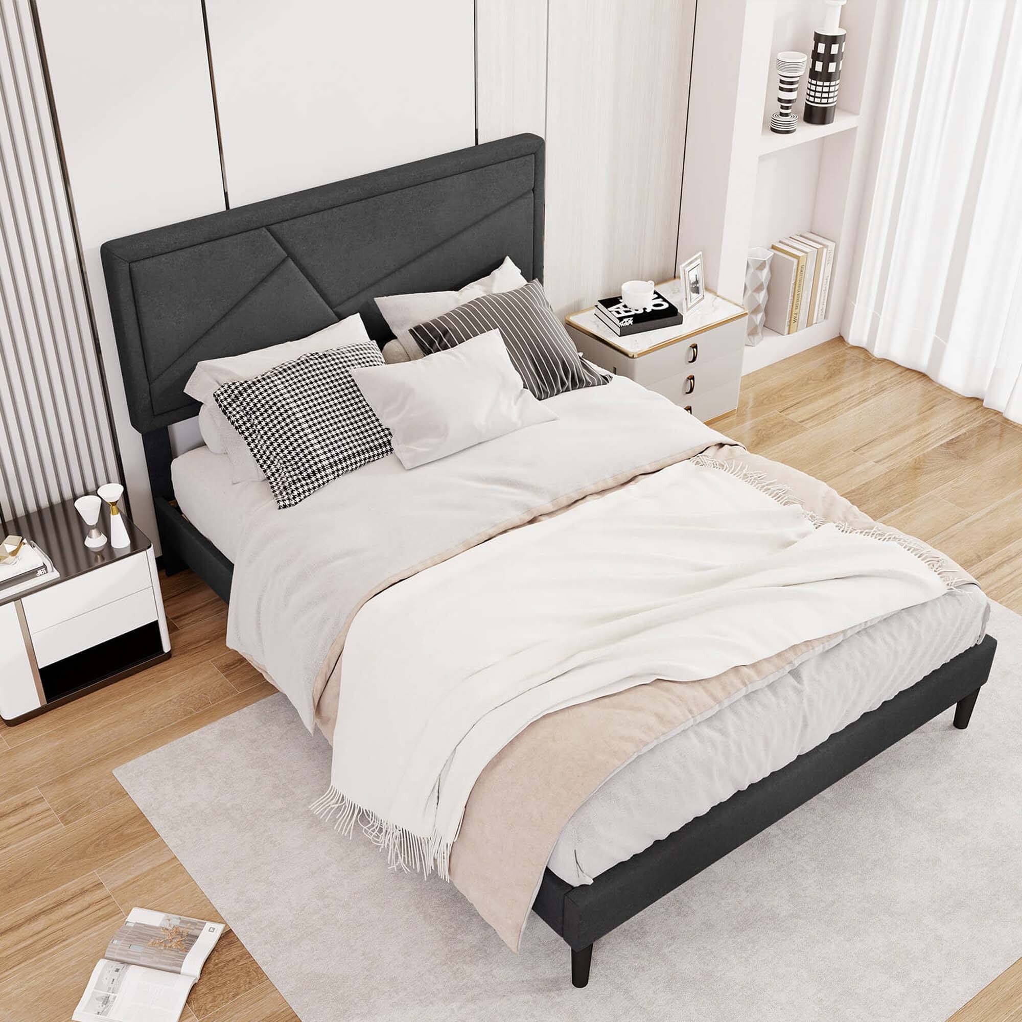 Alt View 2. Costway - Full Size Bed Frame with High Headboard & Wooden Slats No Box Spring Needed - Gray.