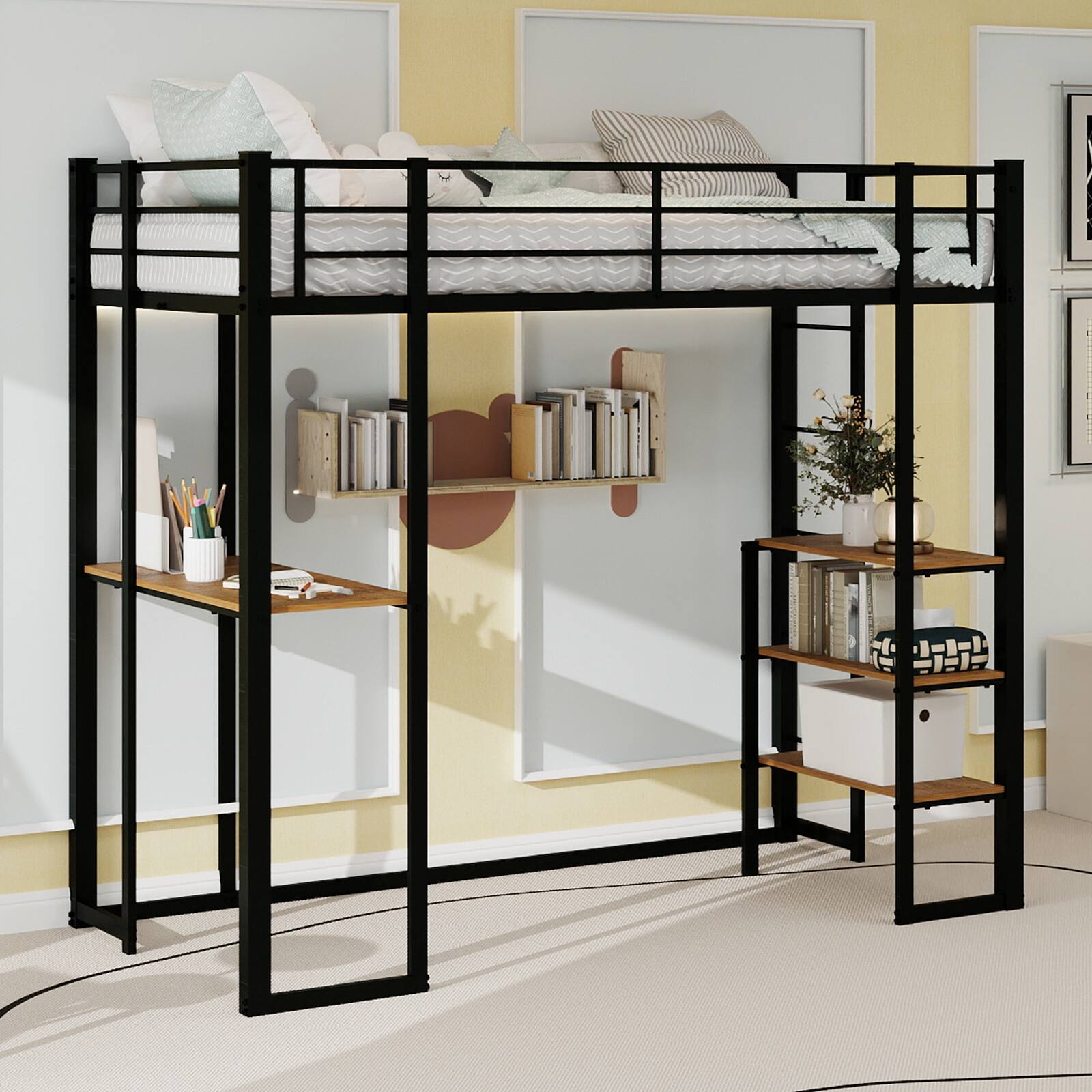 Left. Loheer - Loheer Twin Loft Bed with Desk and Storage Shelves Modern Black Metal Wood Space Saving Frame - Black.