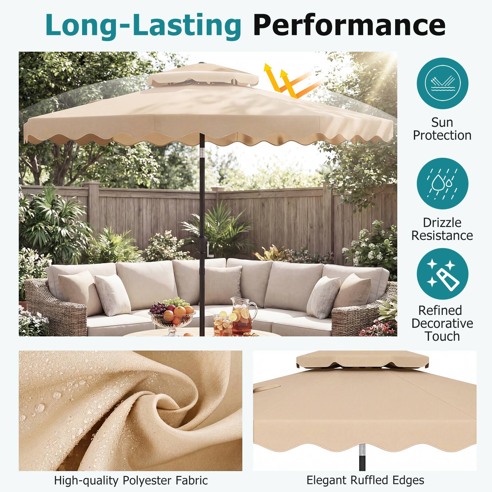 Long-Lasting Performance  
Sun Protection  
Drizzle Resistance  
Refined Decorative Touch  
High-quality Polyester Fabric  
Elegant Ruffled Edges