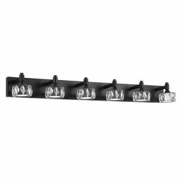 RYHNUYNE - Modern 6‑Light Matte LED Vanity Light,Crystal Glass Shade Bathroom Wall Sconce,Wall Mount Vanity Lighting - Black