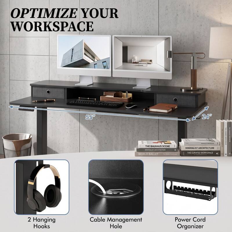 OPTIMIZE YOUR WORKSPACE

55" 24"

THE BAUHAUS SCENE
MINIMALIST ARCHITECTURE
THE CURATED WORKSPACE

2 Hanging Hooks
Cable Management Hole
Power Cord Organizer