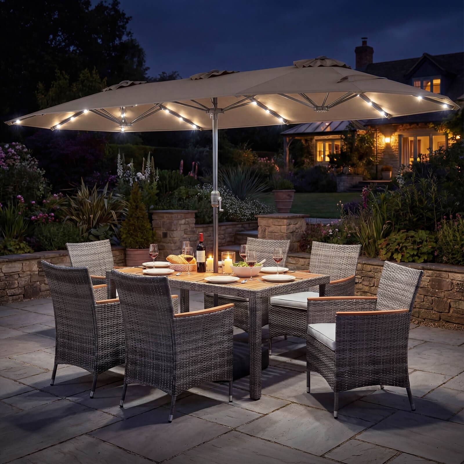 Alt View 1. Costway - Costway 8 PCS Outdoor Wicker Dining Furniture & Double-Sided Umbrella with Solar LED Lights - Tan + Mix Gray.