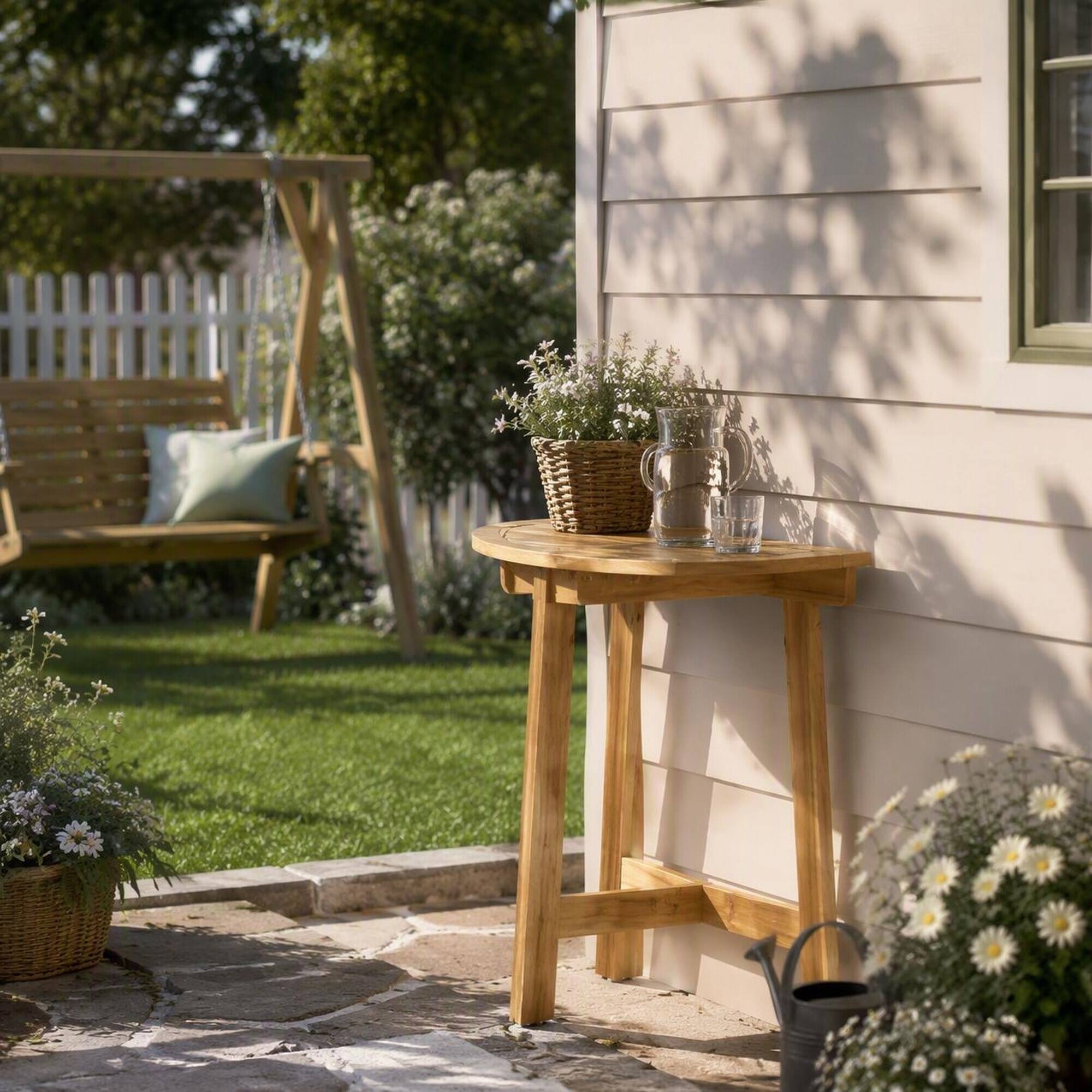Alt View 2. RYHNUYNE - Outdoor Half-Round Folding Acacia Wood Bistro Table,Weather Resistant Space-Saving Side Table for Patio Balcony Porch - Natural.