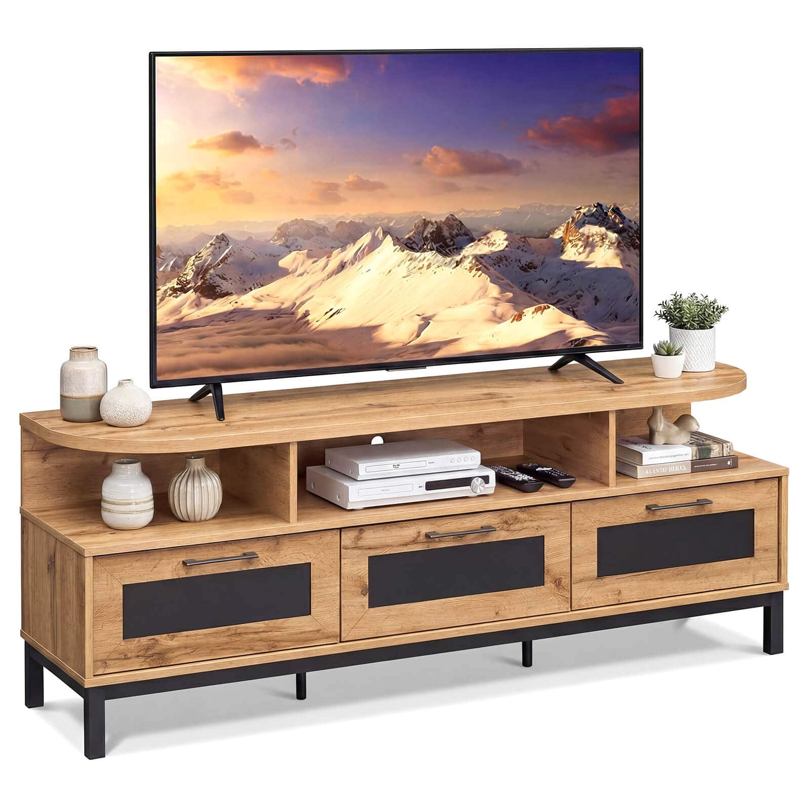 Costway - TV Stand for TVs up to 75" Entertainment Center with 3 Storage Drawers Open Shelves - Natural