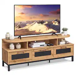 Costway - TV Stand for TVs up to 75" Entertainment Center with 3 Storage Drawers Open Shelves - Natural