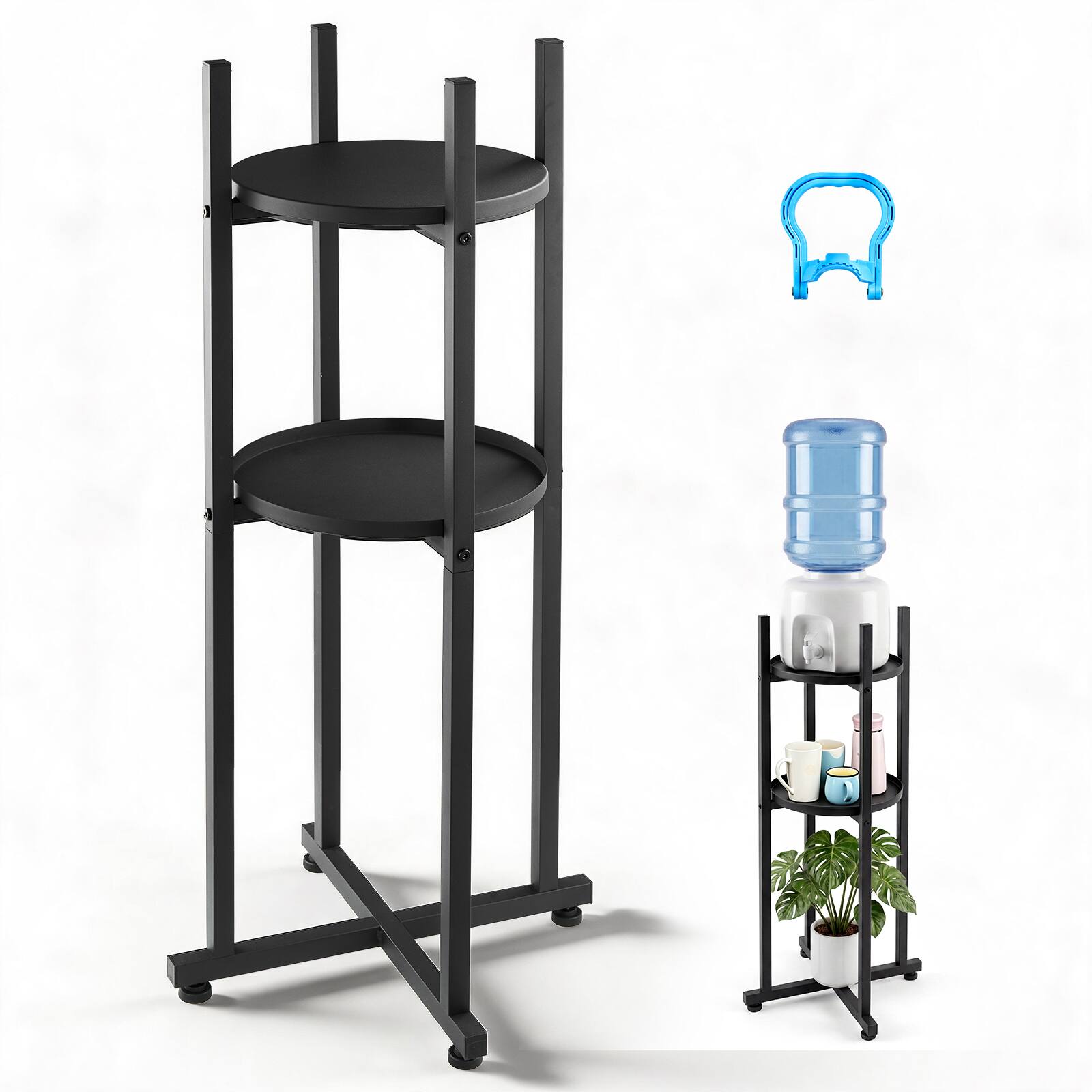Front. VEVOR - Water Dispenser Stand, 2 Tiers Water Jug Holder for 1 Bottle, Heavy Duty Jug Rack Organizer with Detachable Storage - Black.