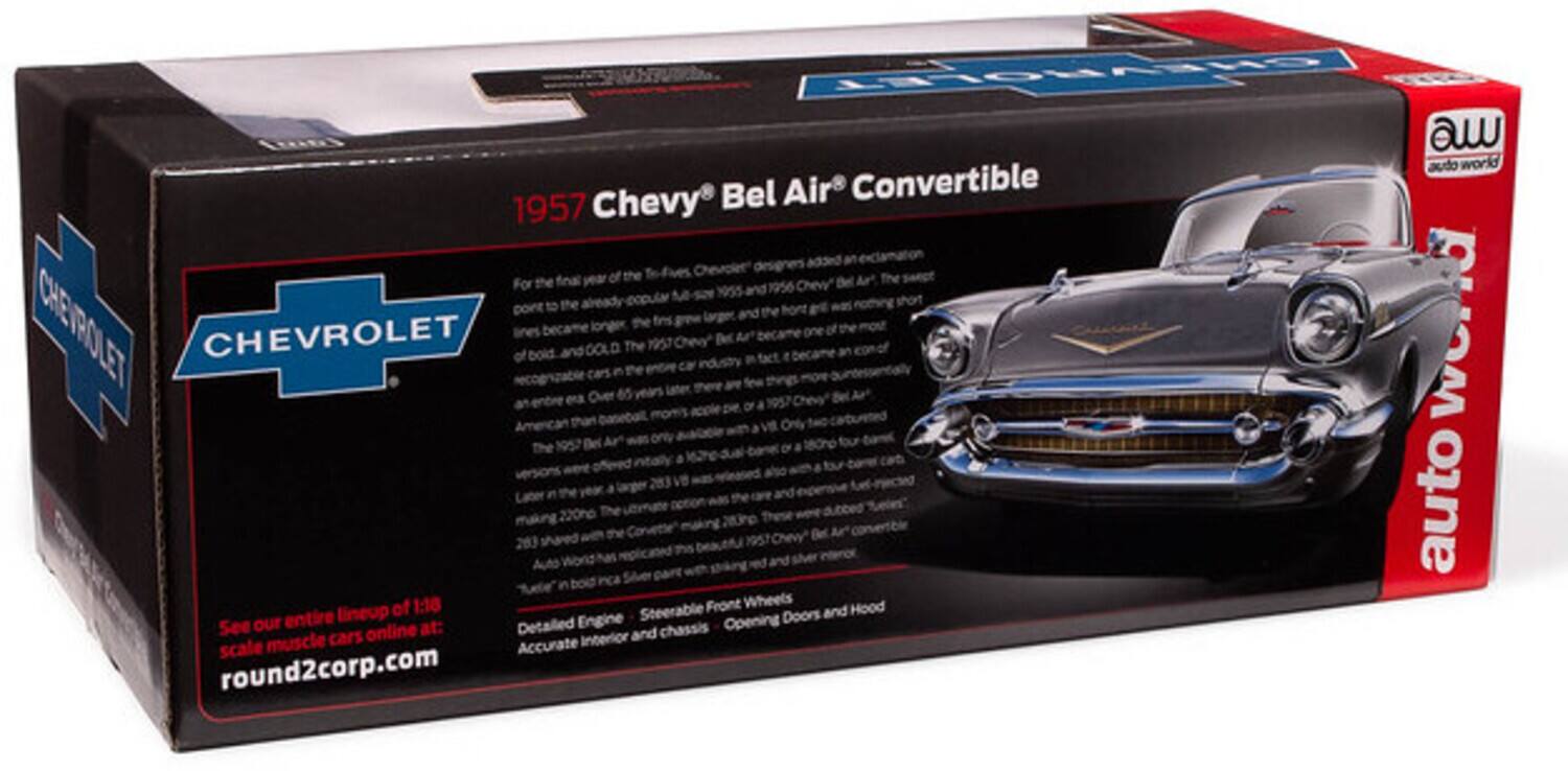 CHEVROLET auto world Chevy Bel Air Convertible 1957 final year of the For the 1956 Chevy popular short point front CHEVROLET CHEVROLET of GOLD 65 The era Over 283 Auto 220hp World the ths and Chevy Be auto 5 of 1:18 Front Wheels Hood entire lineup Steerable Doors and See our at: Detailed Engine chassis Opening muscle cars online Interior and scale Accurate round2corp.com