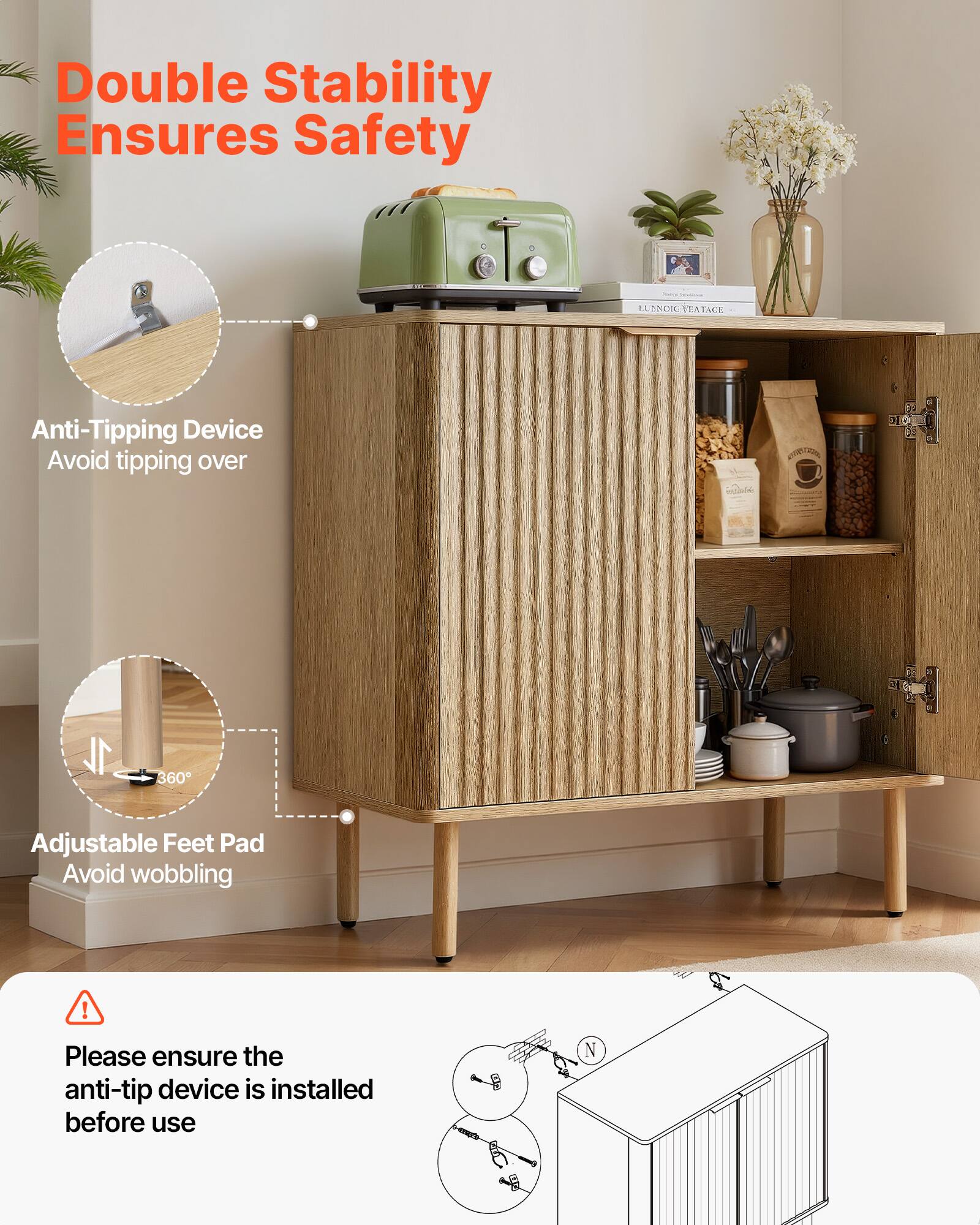 Double Stability Ensures Safety

- Anti-Tipping Device
  - Avoid tipping over

- Adjustable Feet Pad
  - Avoid wobbling

Please ensure the anti-tip device is installed before use