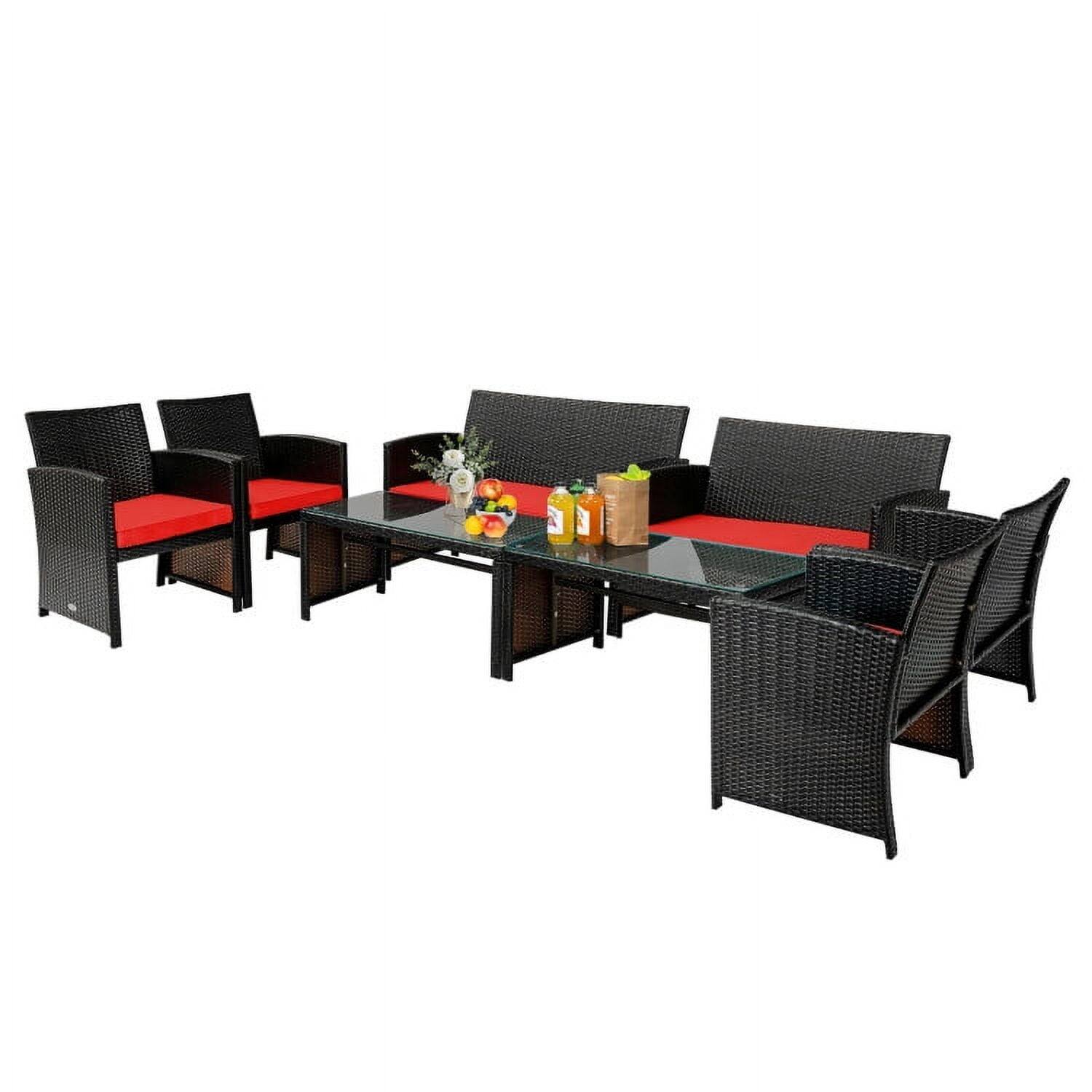Left. Kadyn - 4 Pcs Outdoor Rattan Furniture Set, Wicker Furniture Sets, Patio Conversation Sets with Coffee Table Cushioned Sofa-Navy - Red.