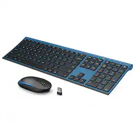 PRIMEPLUS - Wireless Keyboard & Mouse Combo, 2.4GHz Rechargeable Quiet Full-Size, Nano USB Receiver for Windows Laptop PC - Black and Blue