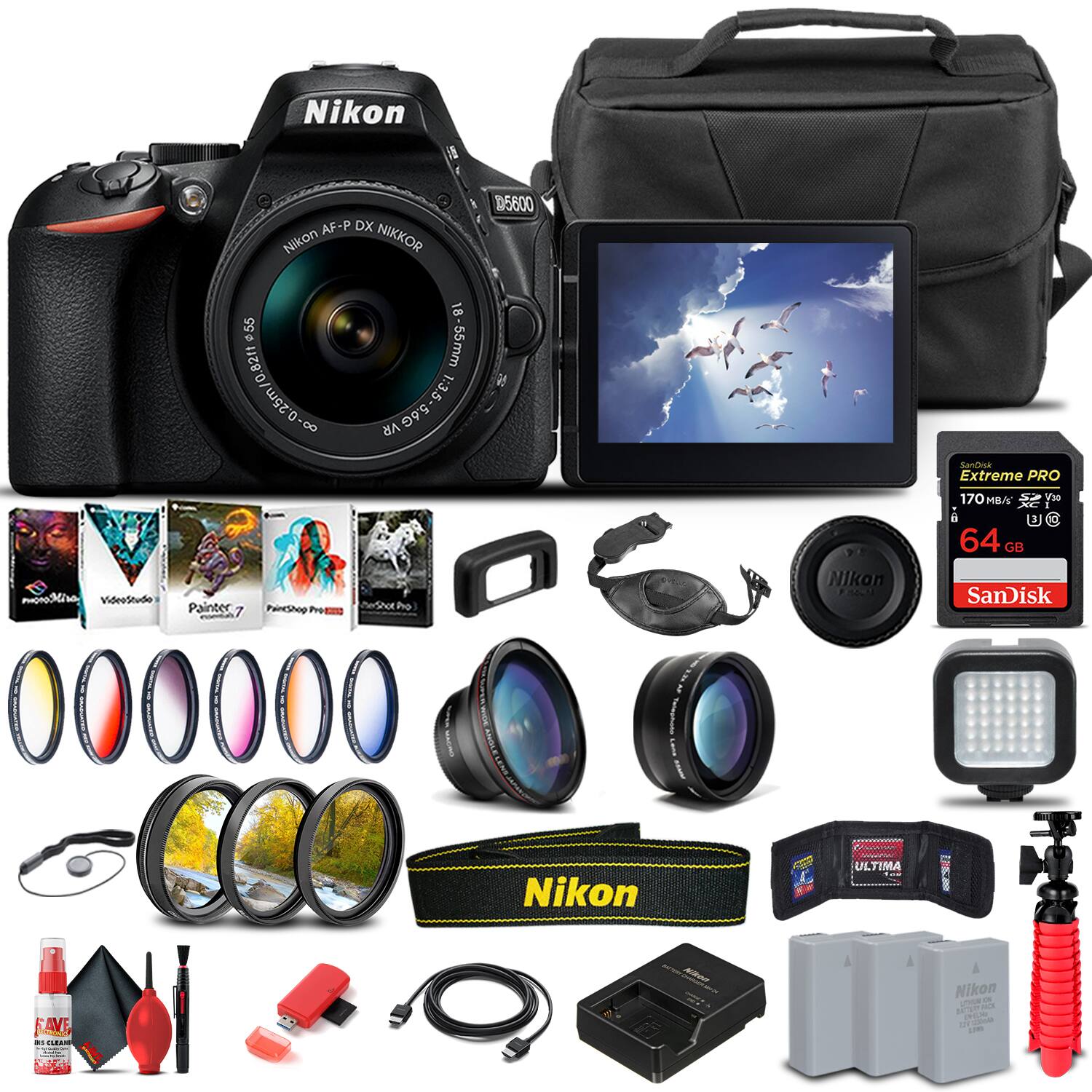 Nikon AF-P DX NIKKOR D5600 18-55mm f/3.5-5.6G VR  
0.25m/0.82ft  
Nikon D5600  

Extreme PRO 170MB/s 64GB SanDisk  

VideoStudio  
Painter 7  
PaintShop Pro  
PhotoShop  

Nikon ULTIMA  

Nikon Camera Bag  

Nikon Lens Cap  

Nikon Strap  

Nikon Batteries  

Nikon Charger  

Nikon Flash  

Nikon Tripod  

Nikon Filters  

Nikon Cleaning Kit  

Nikon Lens Hood  

Nikon Camera Bag  

Nikon Camera Strap  

Nikon Camera Case