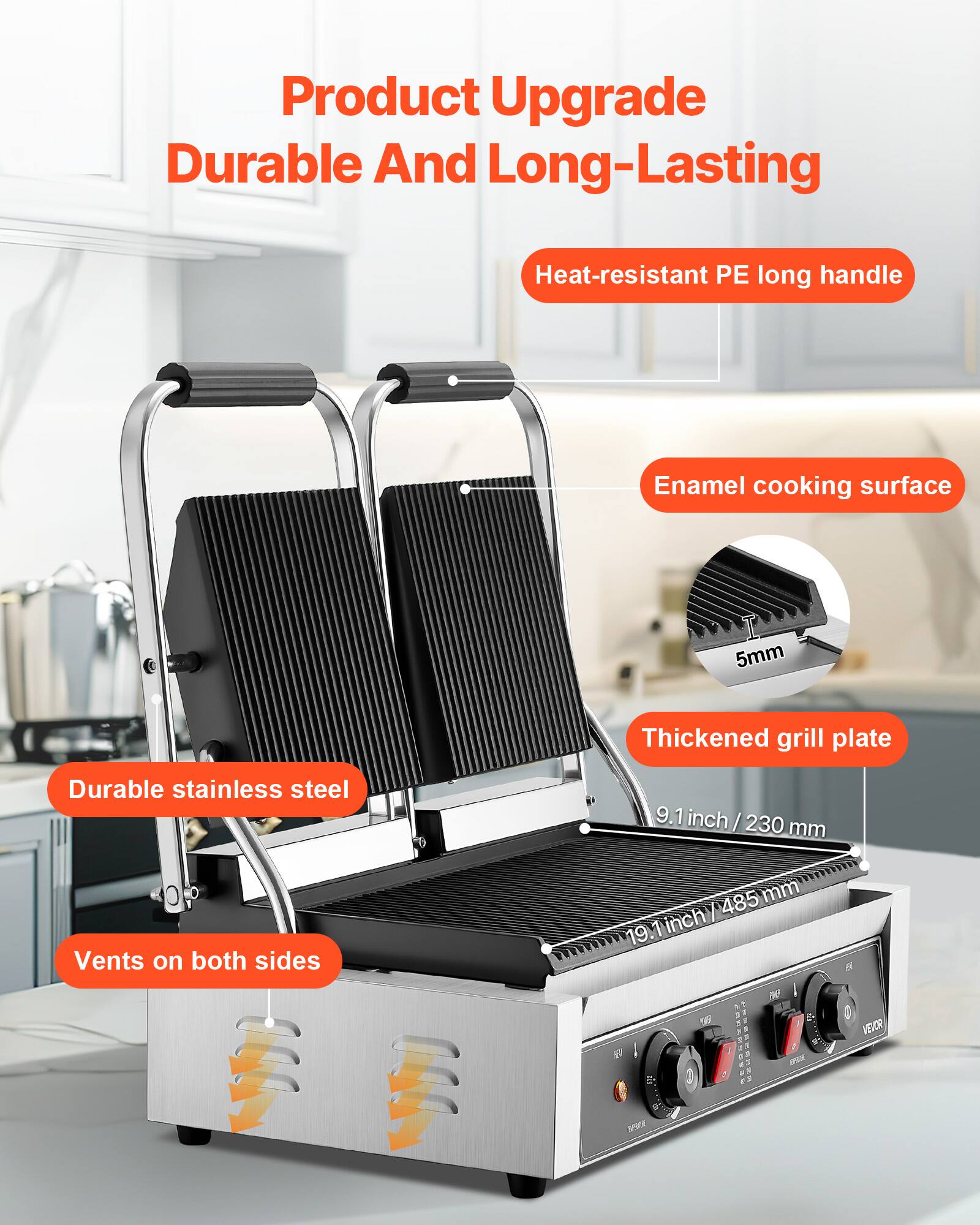 Product Upgrade  
Durable And Long-Lasting

- Heat-resistant PE long handle
- Enamel cooking surface
- 5mm Thickened grill plate
- Durable stainless steel
- 9.1 inch / 230 mm
- Vents on both sides
- 485 mm / 19.1 inch

FREE

VEVOR  
www.vevor.com