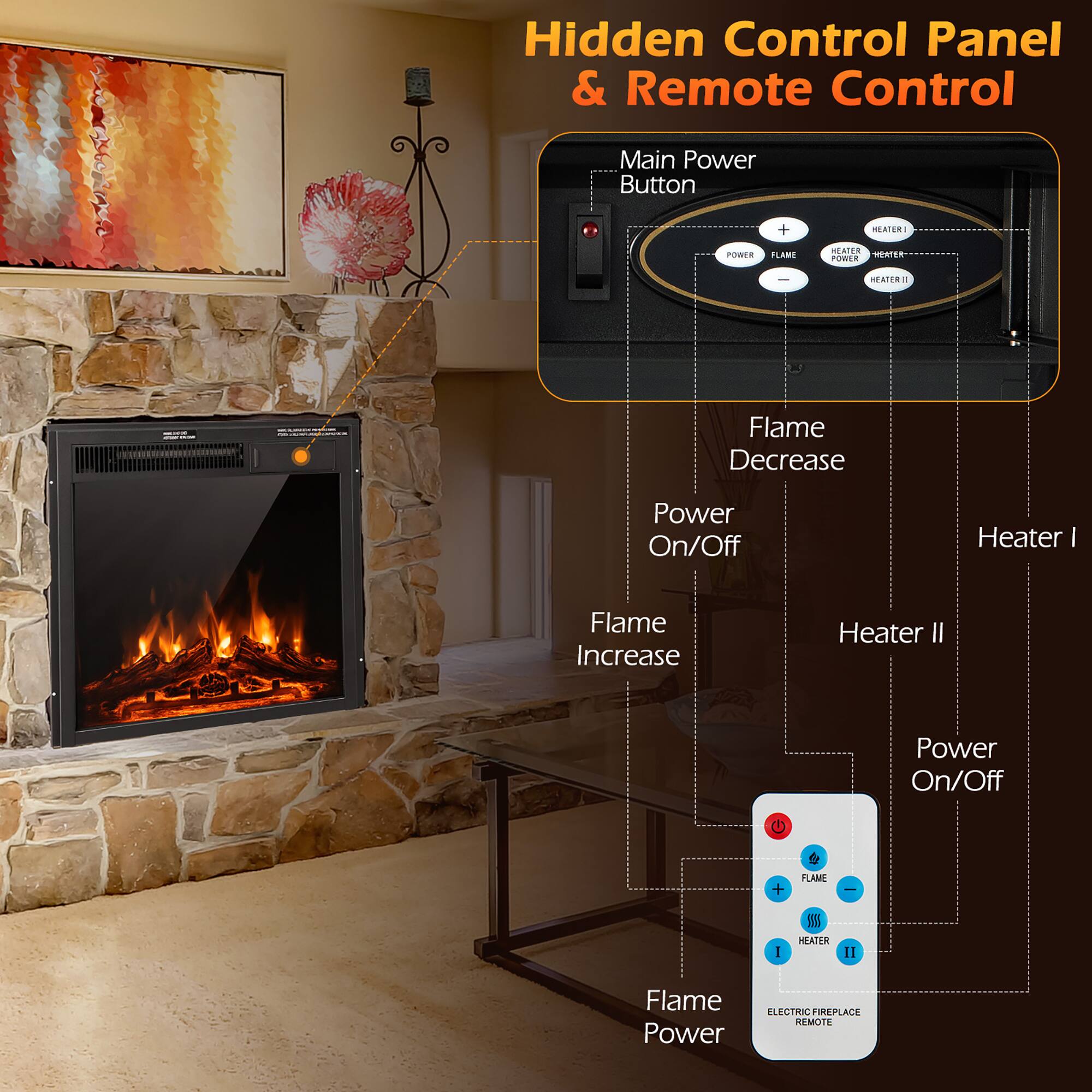Hidden Control Panel & Remote Control

Main Power Button

- Flame Decrease
- Power On/Off
- Flame Increase
- Heater I
- Heater II
- Power On/Off

Flame Power

ELECTRIC FIREPLACE REMOTE