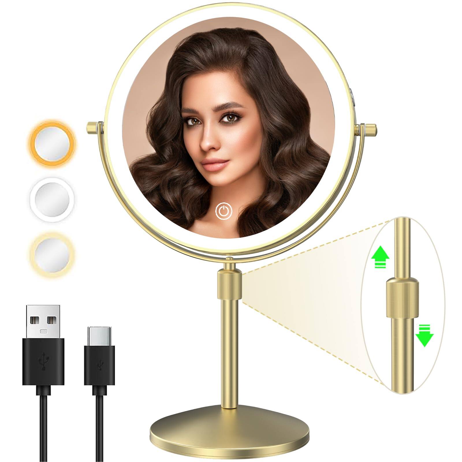 Front. COTTAGE - Lighted Makeup Mirror Magnification With Lights Double Sided Dimmable Mirrors Rechargeable Brightness Heigh - Gold.