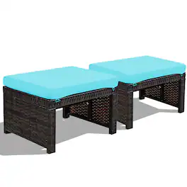 Gymax - Set of 2 Rattan Ottoman Footrest Footstool Patio Furniture w/ Cushion - Turquoise