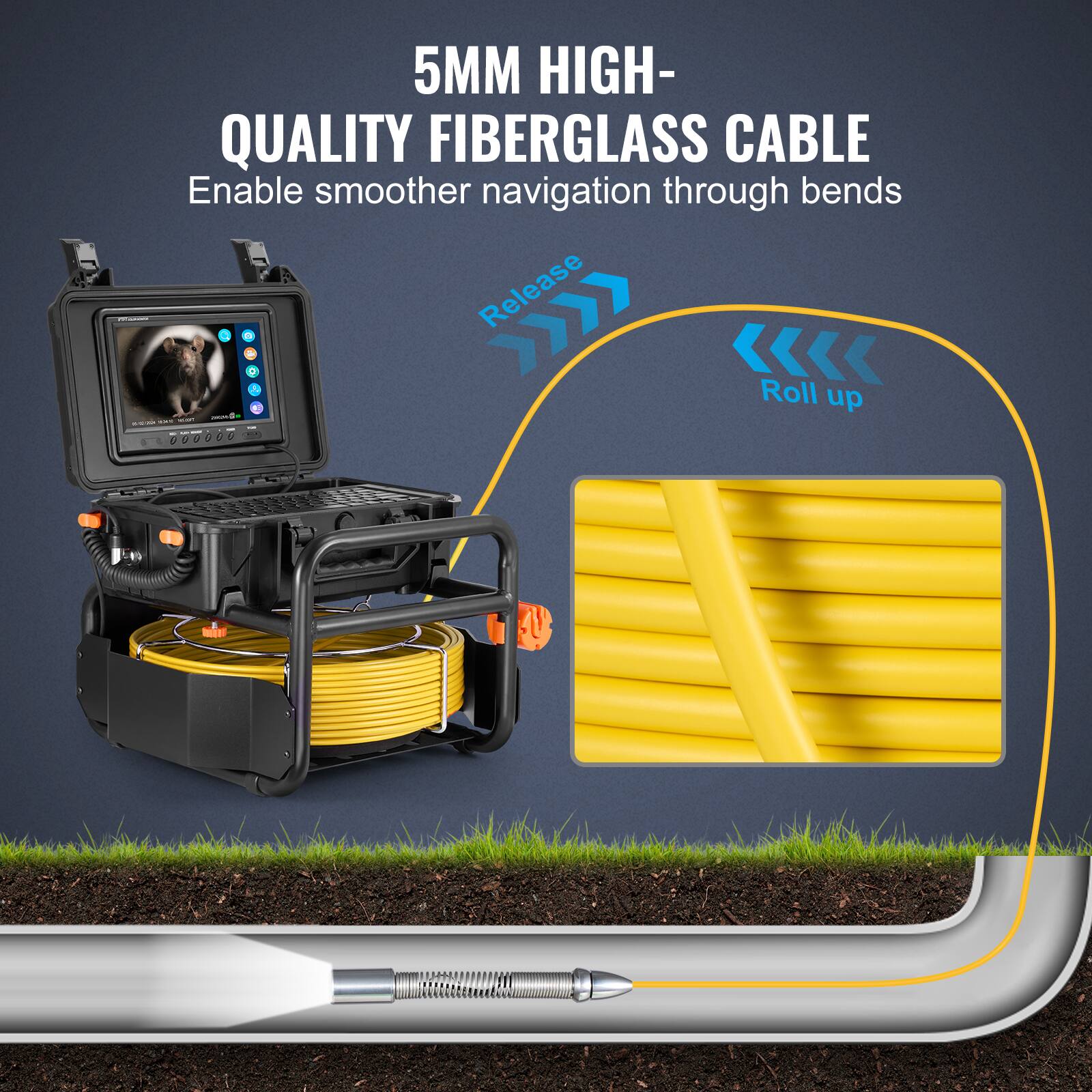 5MM HIGH-QUALITY FIBERGLASS CABLE  
Enable smoother navigation through bends  
Release  
Roll up