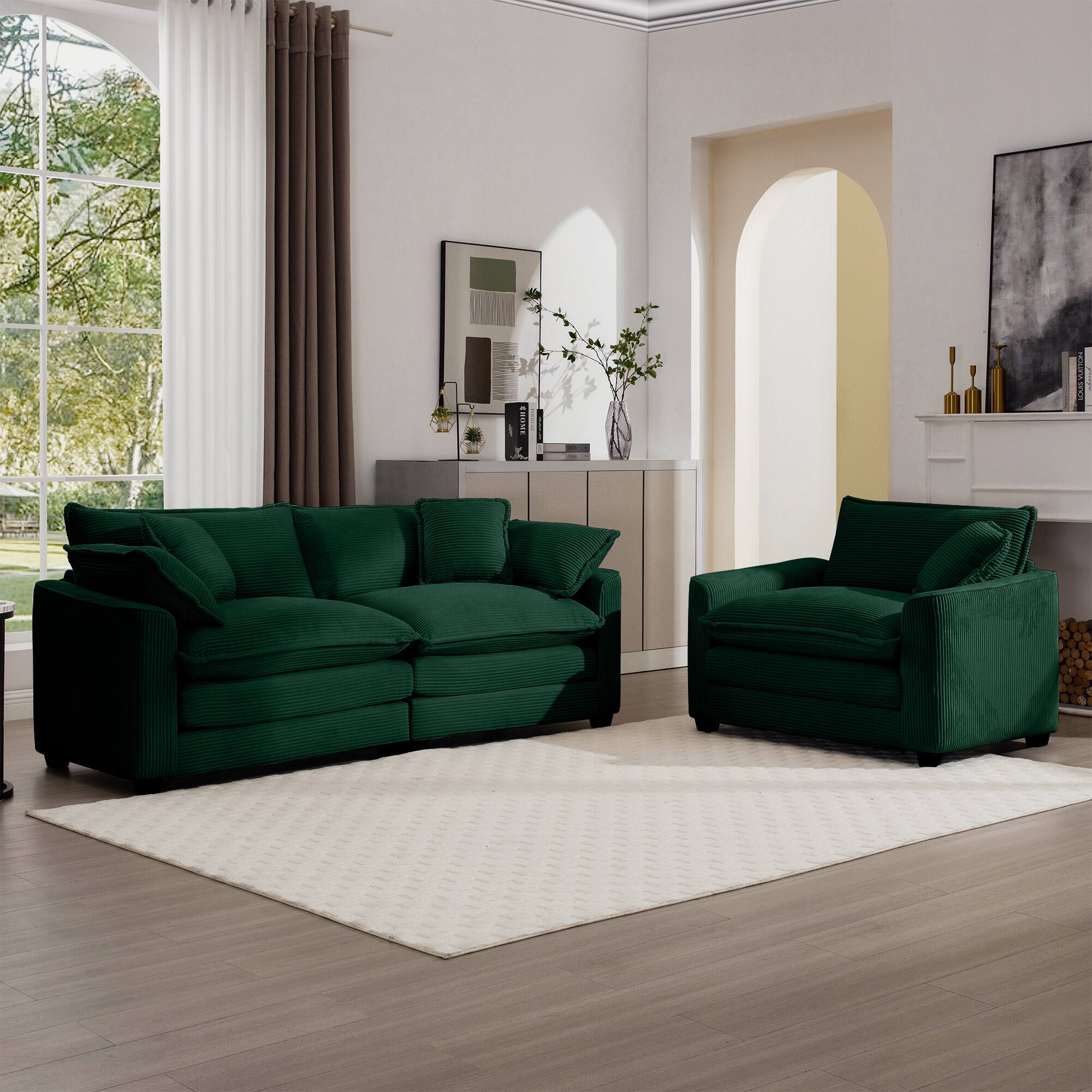 Angle. LOVMOR - 3 Seater Easy Assembly Memory Foam Corduroy Sofa Set For Living Room Bedroom Club Soft Textured Lounge Home TV - Green.