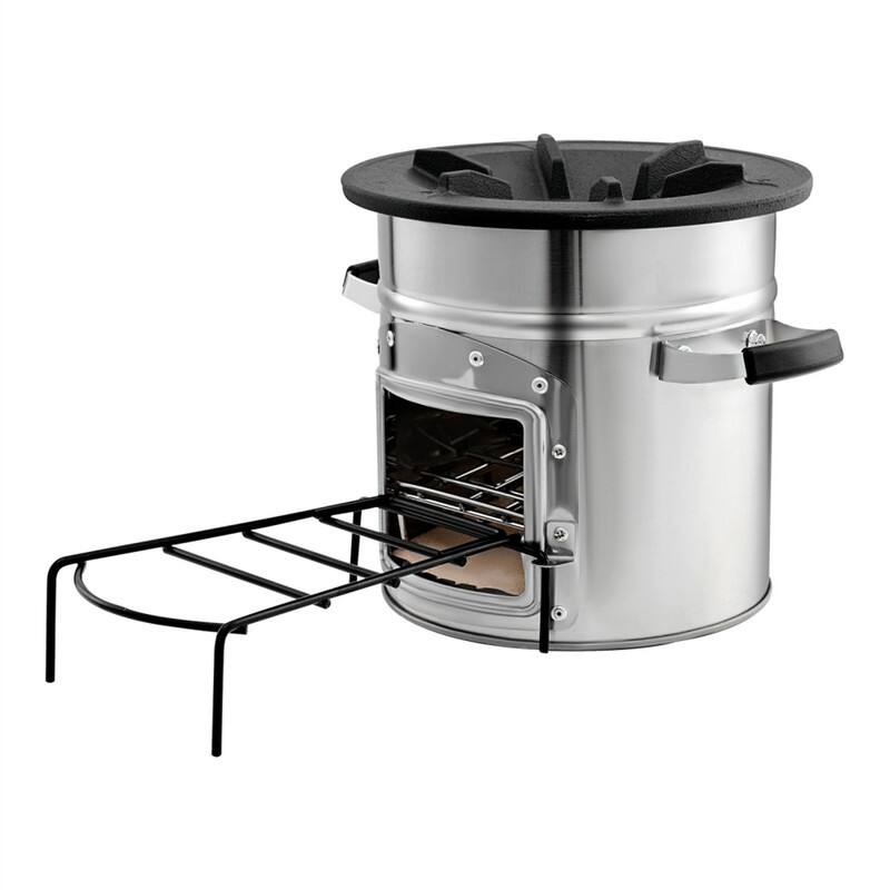 Back. HTUTWOO - Camping Rocket Stove - Portable Wood Burning Stove with Carrying Bag, Stainless Steel, Single Door for Outdoor - Silver.
